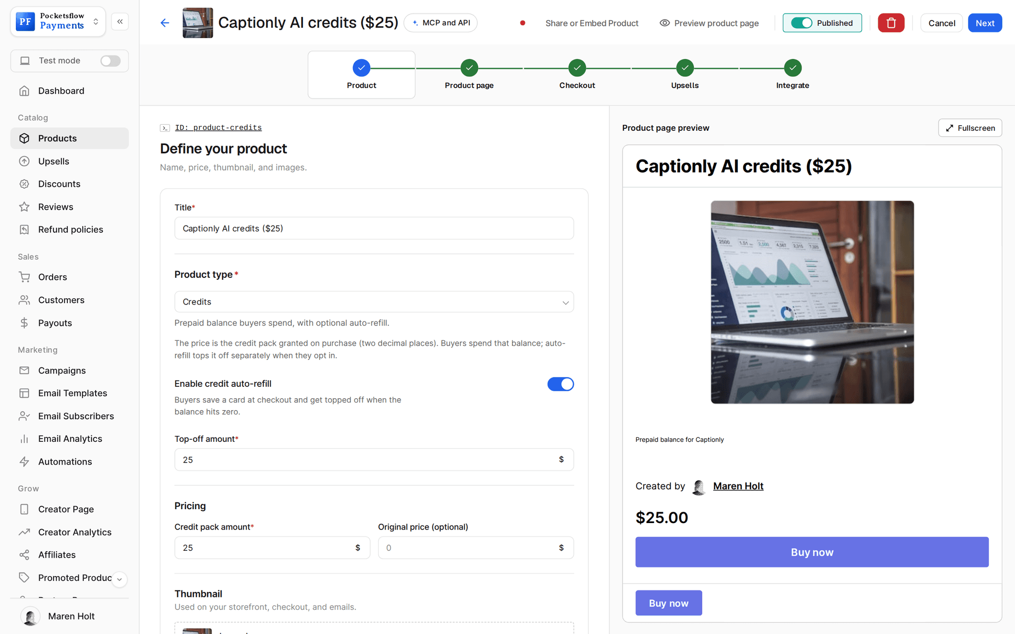 Product editor for Captionly AI credits ($25) with product type Credits, credit auto-refill enabled, a $25 top-off amount and a $25 credit pack amount, beside a product page preview