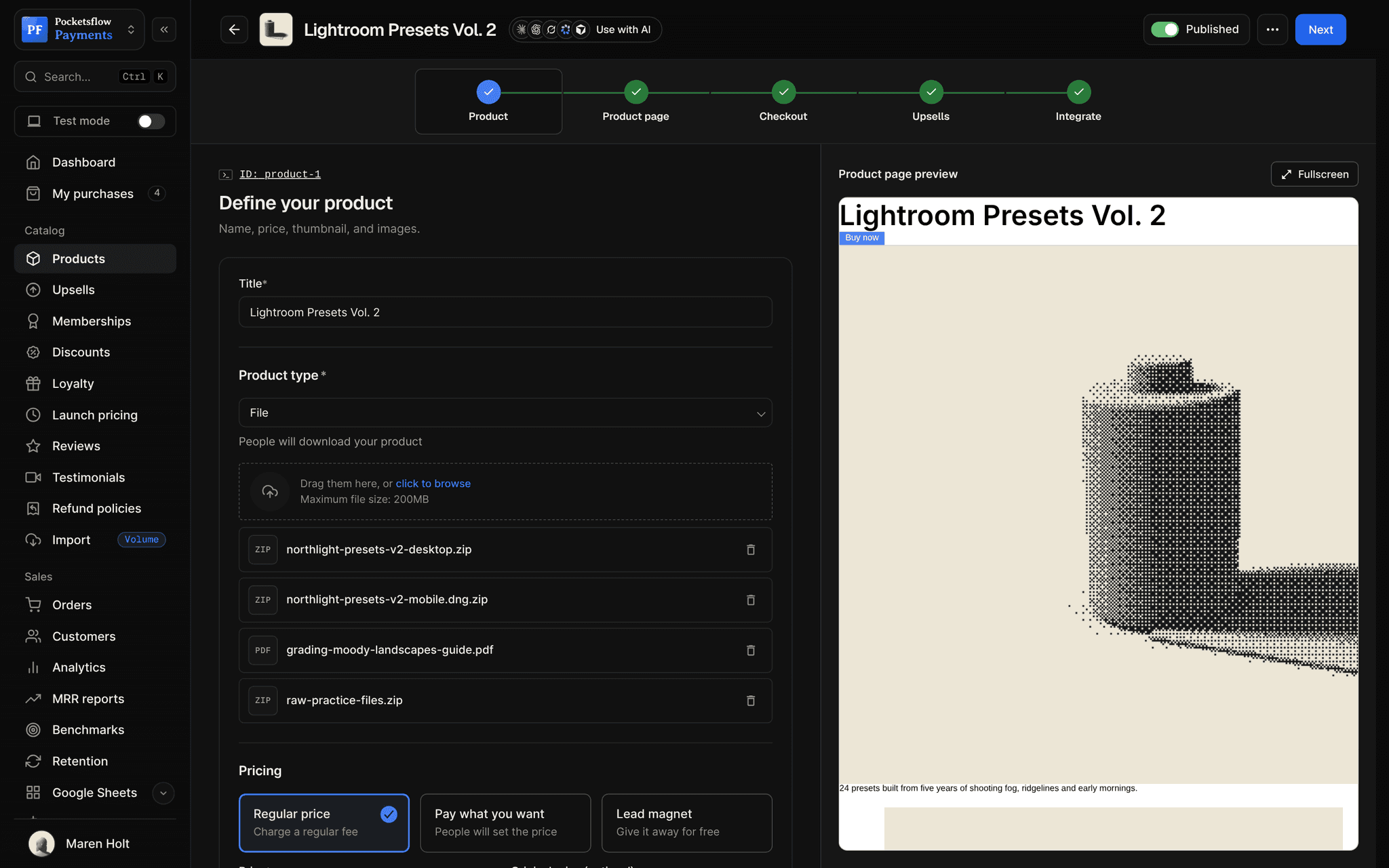Product editor for Lightroom Presets Vol. 2 with the five-step rail (Product, Product page, Checkout, Upsells, Integrate), title, File type with four uploaded files and pricing options, and a live product page preview with a dithered film canister on a bone background