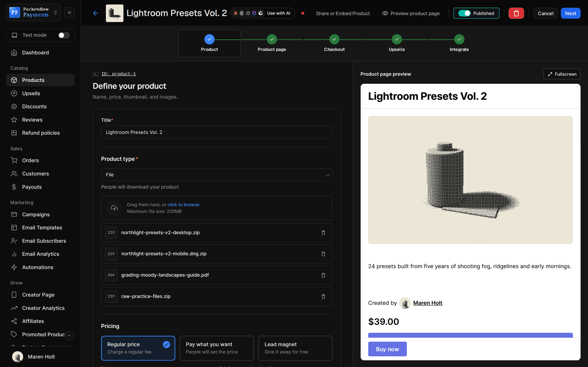 Product editor for Lightroom Presets Vol. 2 with the five-step rail (Product, Product page, Checkout, Upsells, Integrate), title, File type with four uploaded files and pricing options, and a live product page preview with a dithered film canister on a bone background