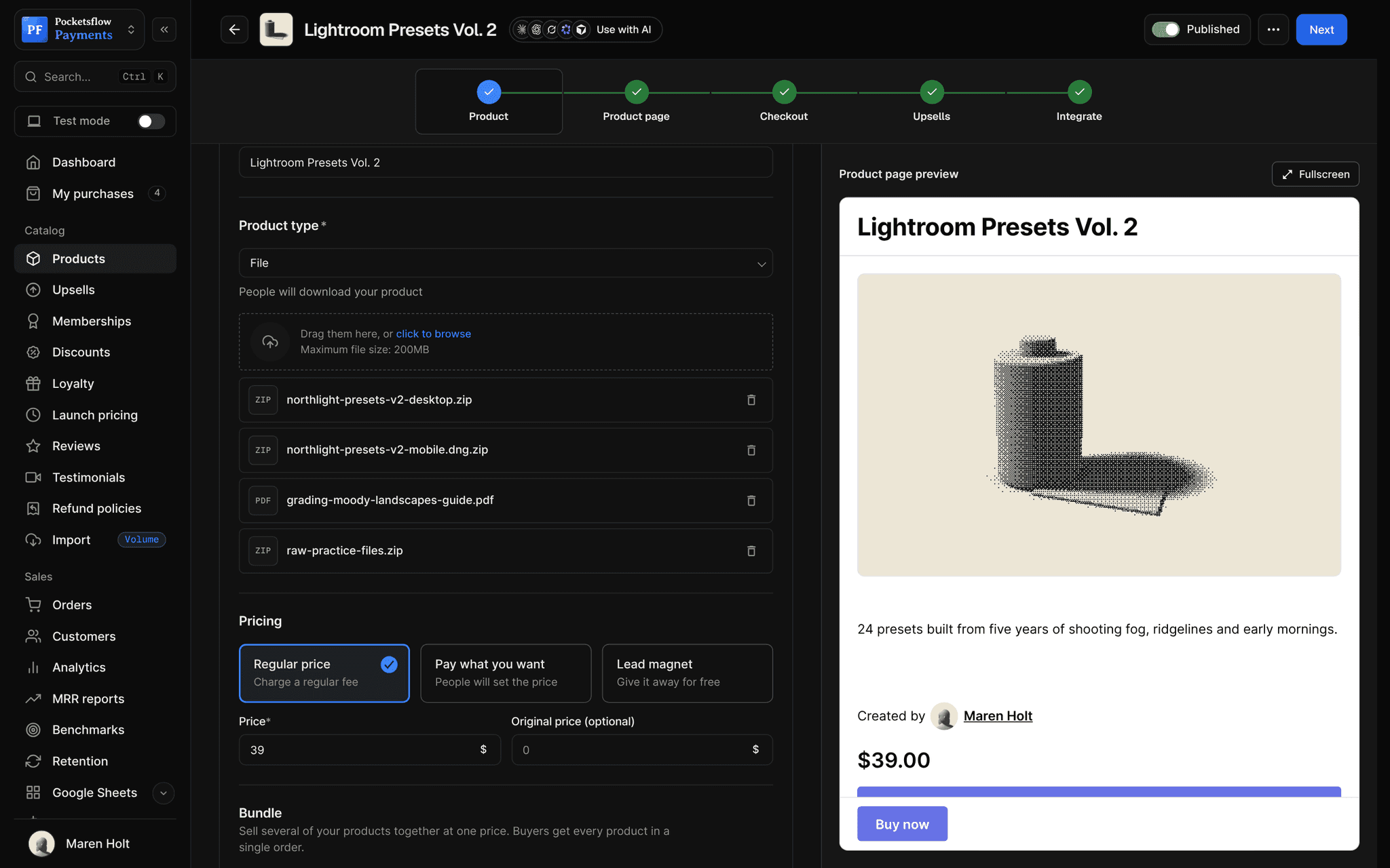 Product editor showing a File product with four deliverables: the desktop and mobile preset zips, a grading guide PDF and RAW practice files, above pricing options Regular price, Pay what you want and Lead magnet