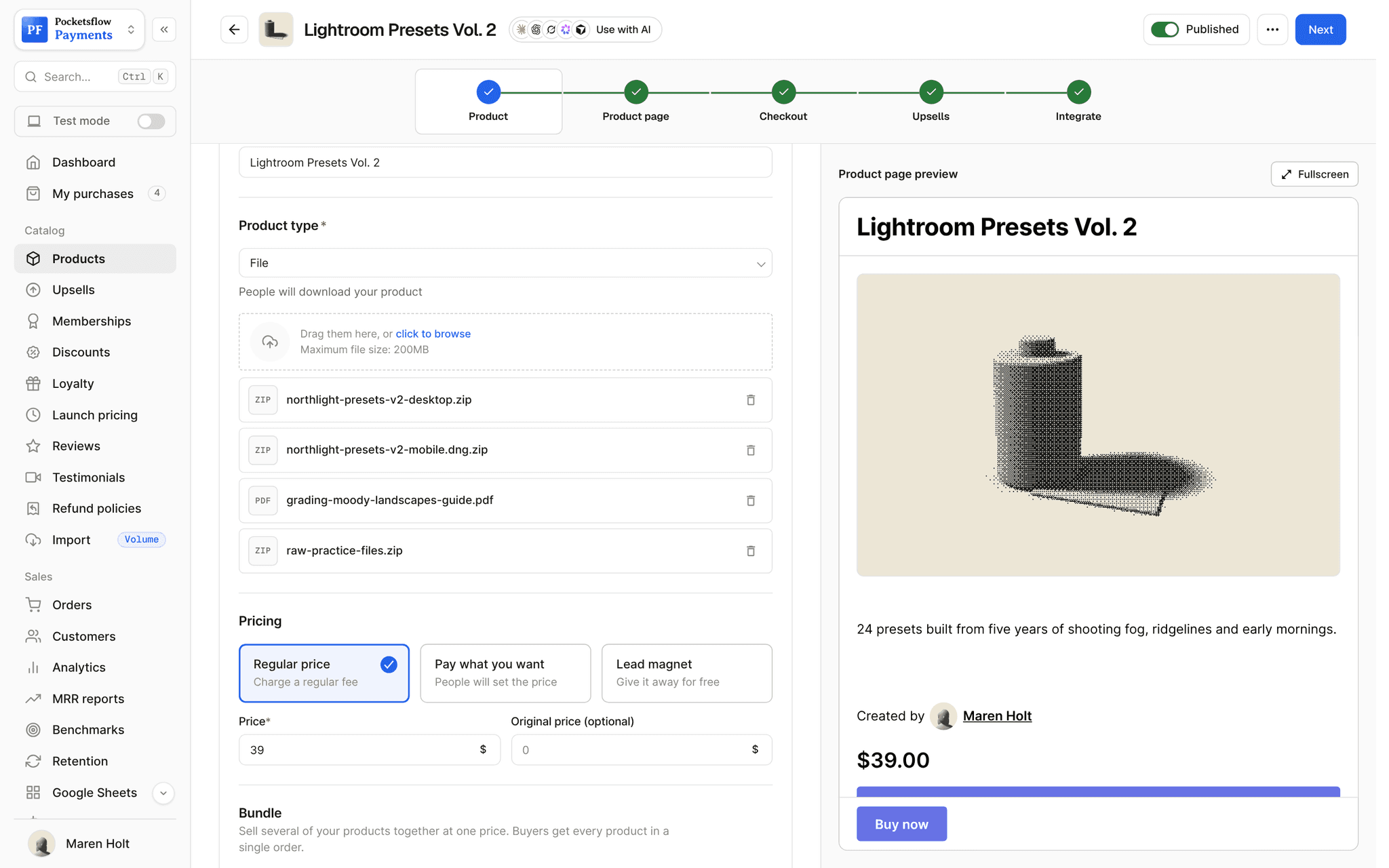 Product editor showing a File product with four deliverables: the desktop and mobile preset zips, a grading guide PDF and RAW practice files, above pricing options Regular price, Pay what you want and Lead magnet