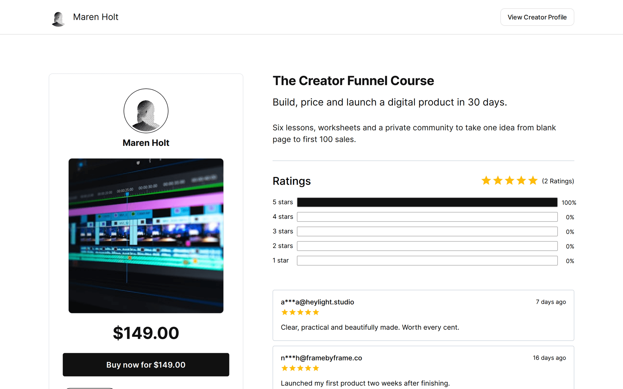 Public product page for The Creator Funnel Course by Maren Holt with the course image, $149.00 and a Buy now button, sales count, description and ratings