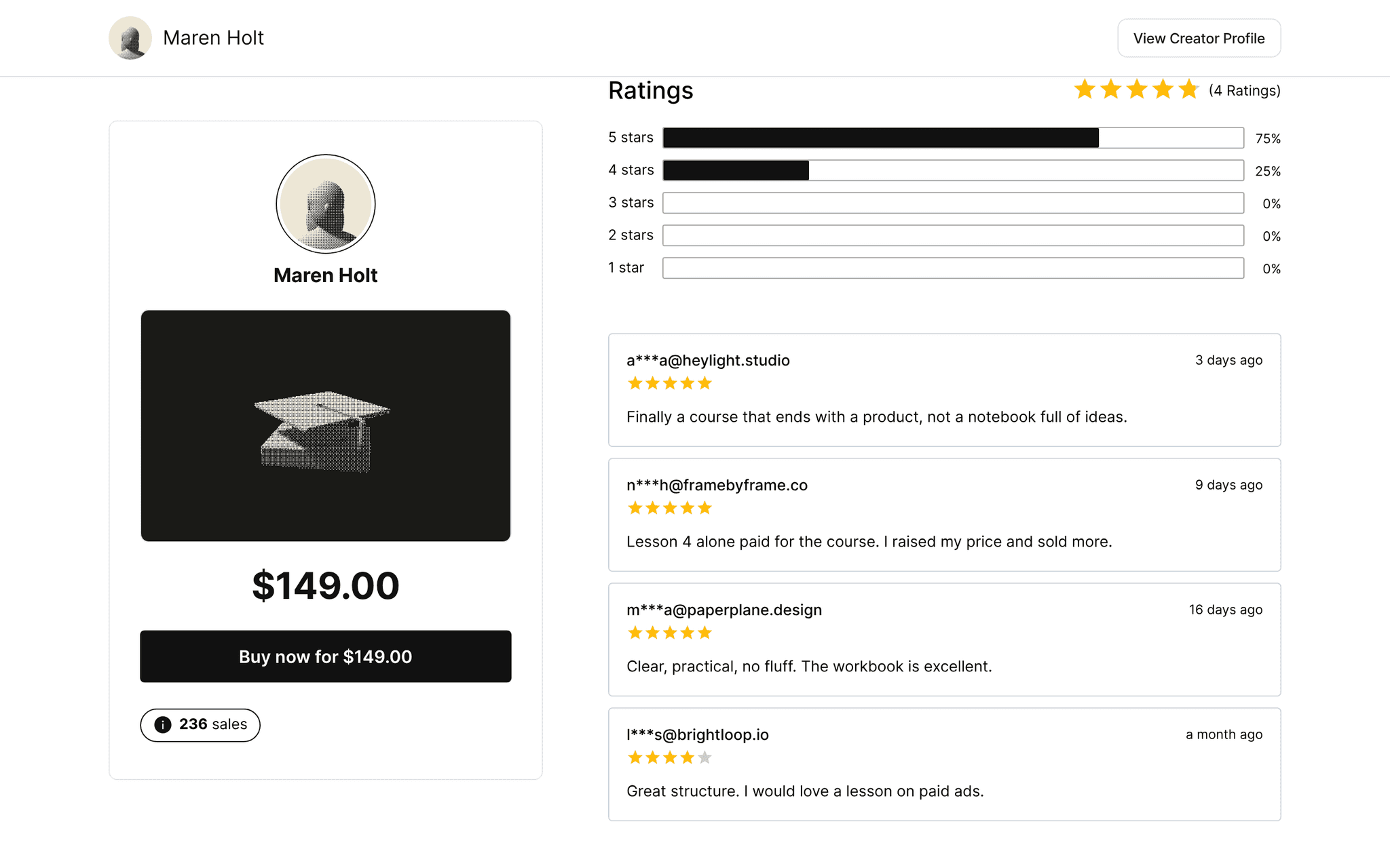 Ratings on The Creator Funnel Course product page: 4 ratings with the star split (75% five stars, 25% four stars) and four written reviews from verified buyers