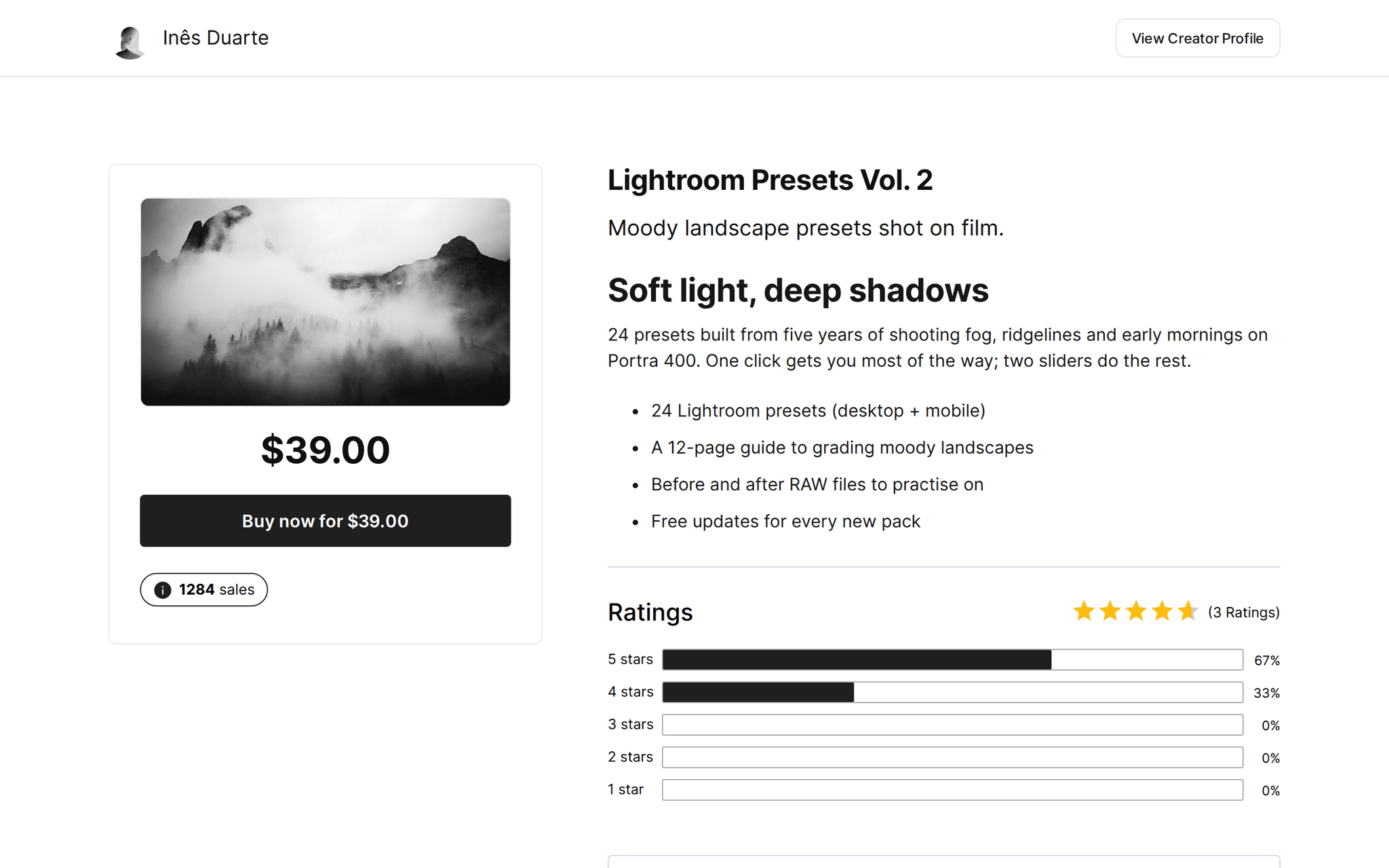Public product page for Lightroom Presets Vol. 2 by Inês Duarte: product card with a misty mountain photo, $39.00 and a Buy now button, 1,284 sales, the description with a bullet list, and ratings with 3 reviews
