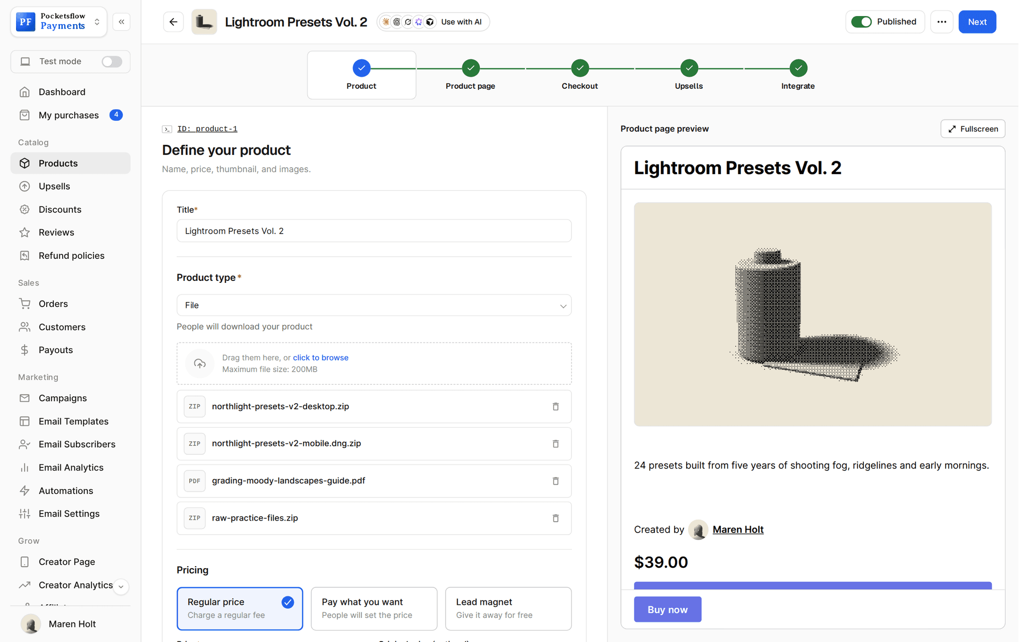 Product editor for Lightroom Presets Vol. 2 with the five-step rail (Product, Product page, Checkout, Upsells, Integrate), title, File type with four uploaded files and pricing options, and a live product page preview with a dithered film canister on a bone background