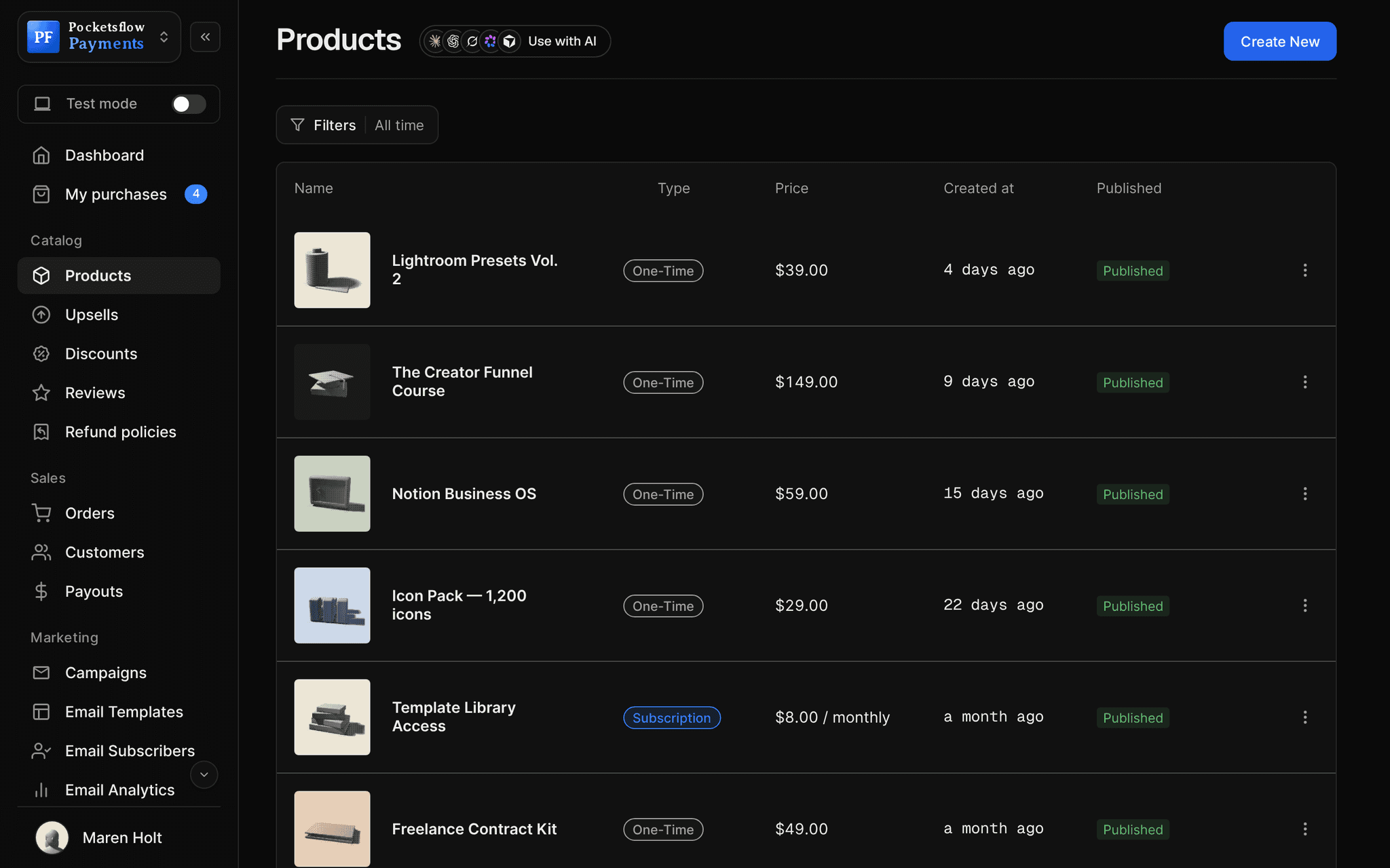Products list with thumbnails, type, price, created date and published status: Lightroom Presets Vol. 2 $39, The Creator Funnel Course $149, Notion Business OS $59, Icon Pack $29, Template Library Access $8 a month and more