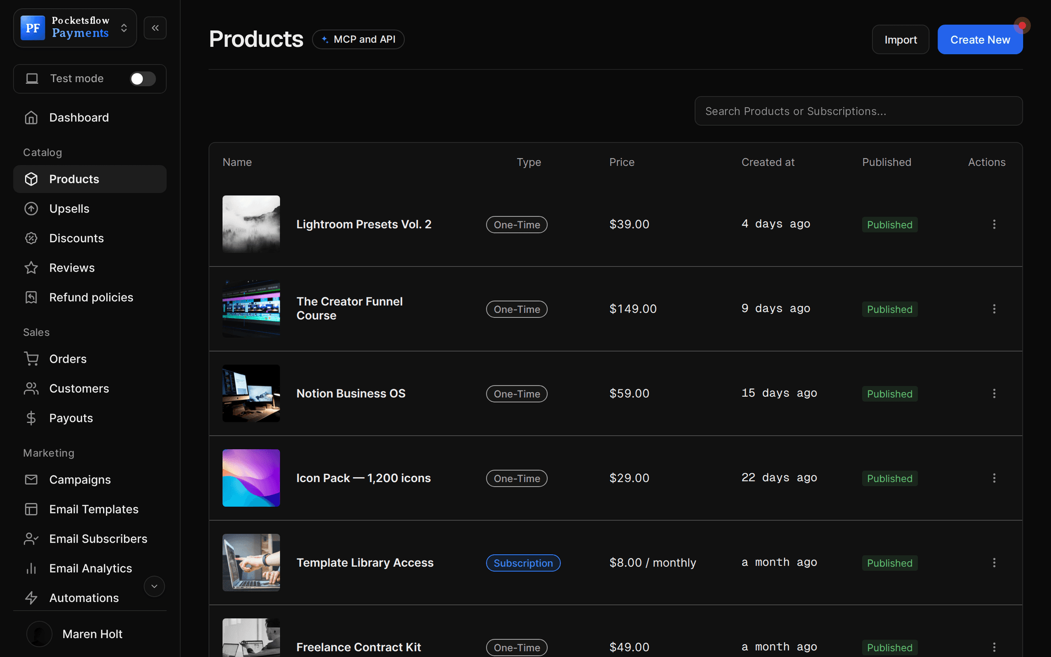 Products list with thumbnails, type, price, created date and published status: Lightroom Presets Vol. 2 $39, The Creator Funnel Course $149, Notion Business OS $59, Icon Pack $29, Template Library Access $8 a month and more