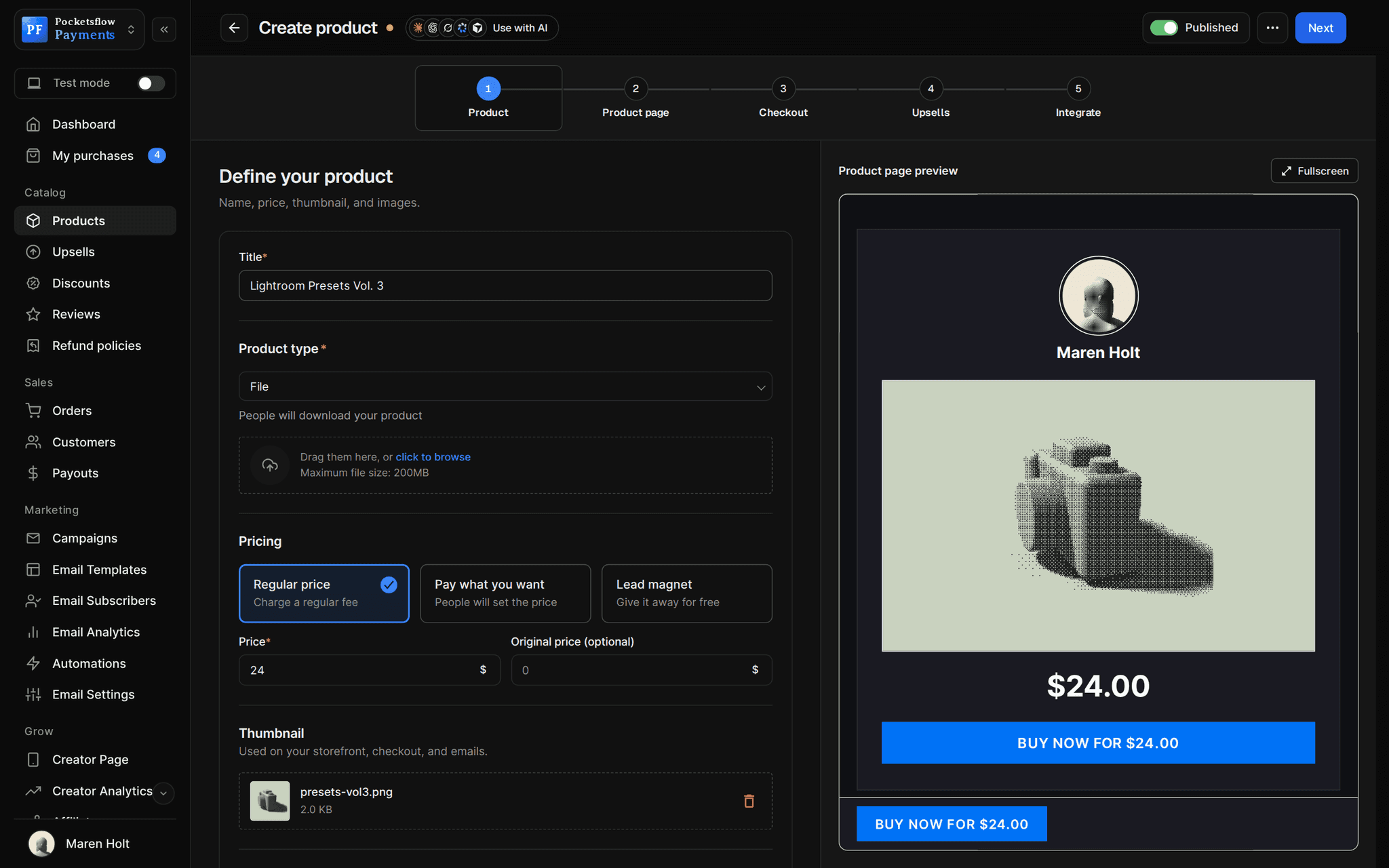 Create product wizard on the Product step with the title Lightroom Presets Vol. 3, product type File, file uploader, regular price $24 and a thumbnail, next to a live dark product page preview with a Buy now for $24.00 button
