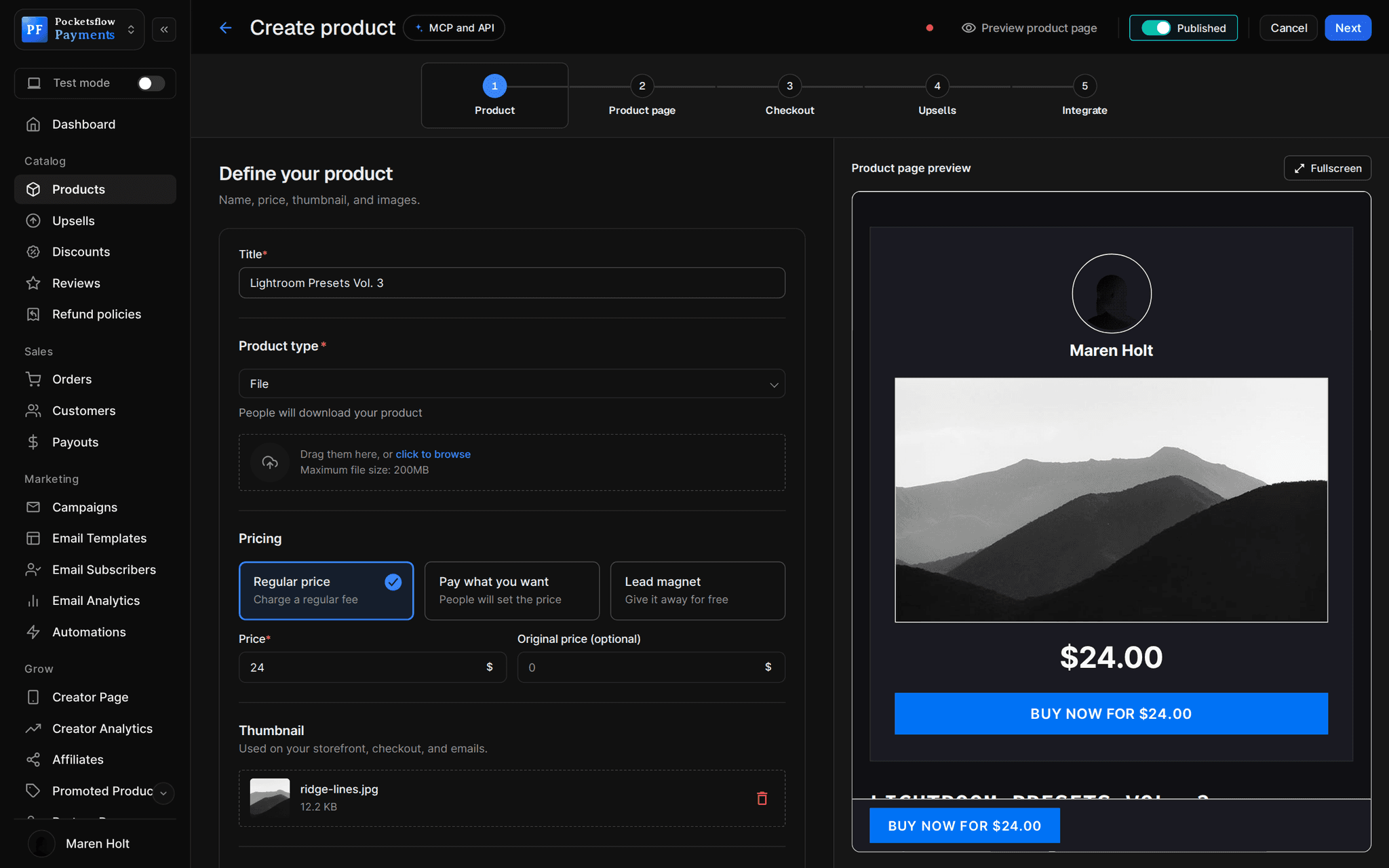 Create product wizard on the Product step with the title Lightroom Presets Vol. 3, product type File, file uploader, regular price $24 and a thumbnail, next to a live dark product page preview with a Buy now for $24.00 button