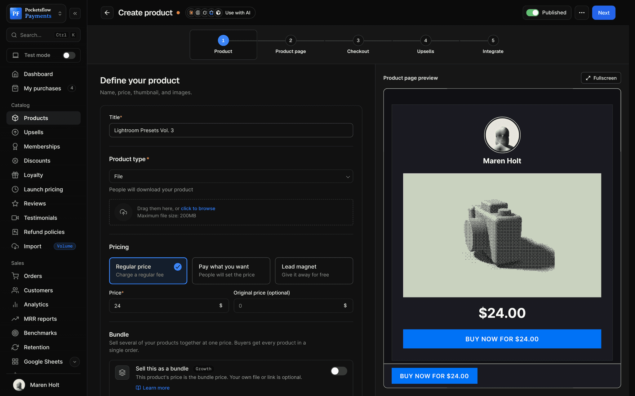 Create product wizard on the Product step with the title Lightroom Presets Vol. 3, product type File, file uploader, regular price $24 and a thumbnail, next to a live dark product page preview with a Buy now for $24.00 button