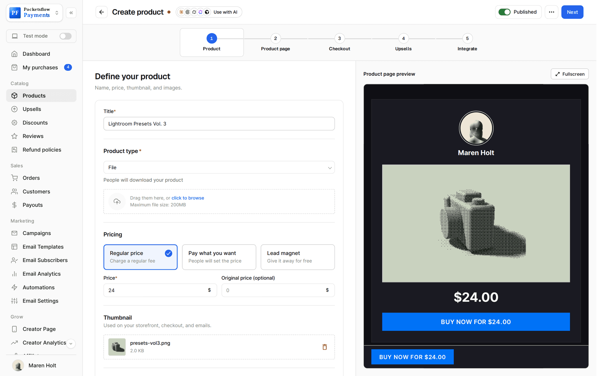 Create product wizard on the Product step with the title Lightroom Presets Vol. 3, product type File, file uploader, regular price $24 and a thumbnail, next to a live dark product page preview with a Buy now for $24.00 button