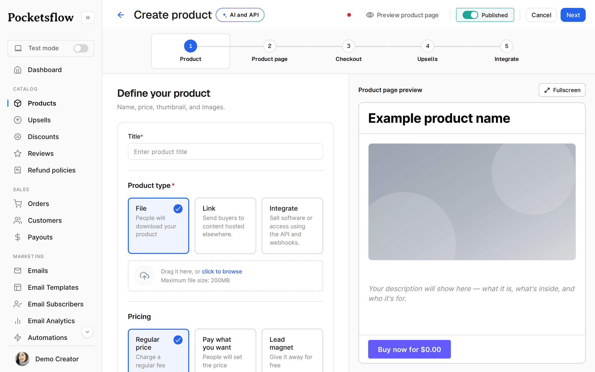 Pocketsflow product editor where upsells can be attached