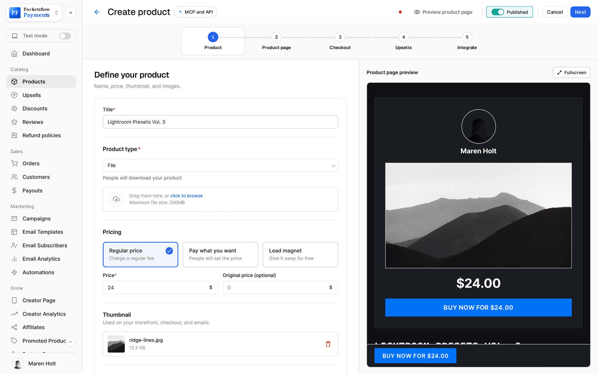 Create product wizard on the Product step with the title Lightroom Presets Vol. 3, product type File, file uploader, regular price $24 and a thumbnail, next to a live dark product page preview with a Buy now for $24.00 button