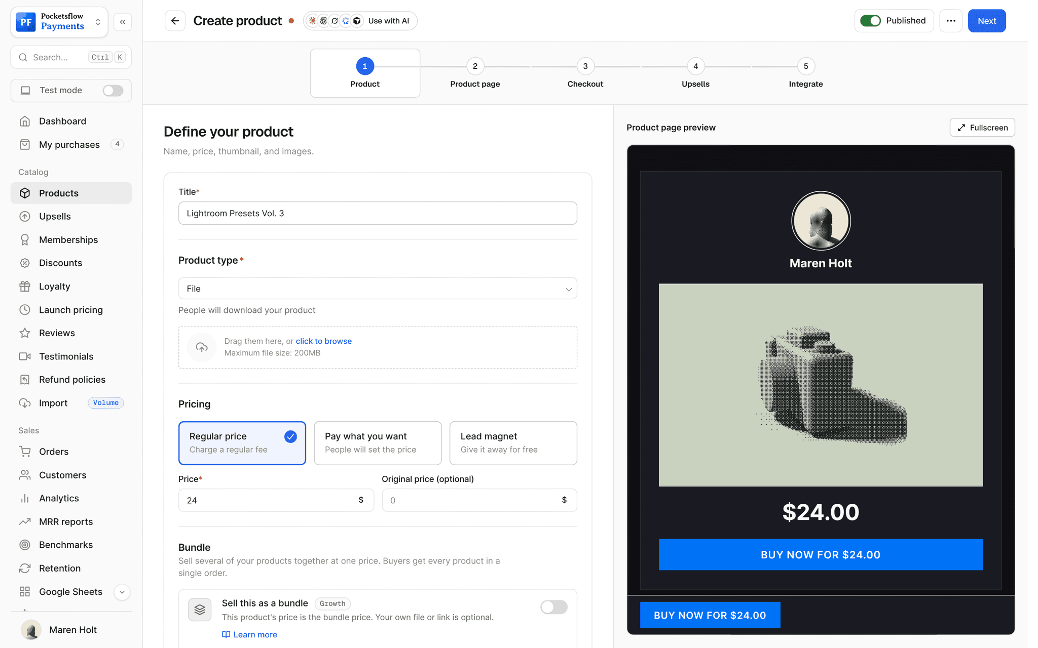 Create product wizard on the Product step with the title Lightroom Presets Vol. 3, product type File, file uploader, regular price $24 and a thumbnail, next to a live dark product page preview with a Buy now for $24.00 button
