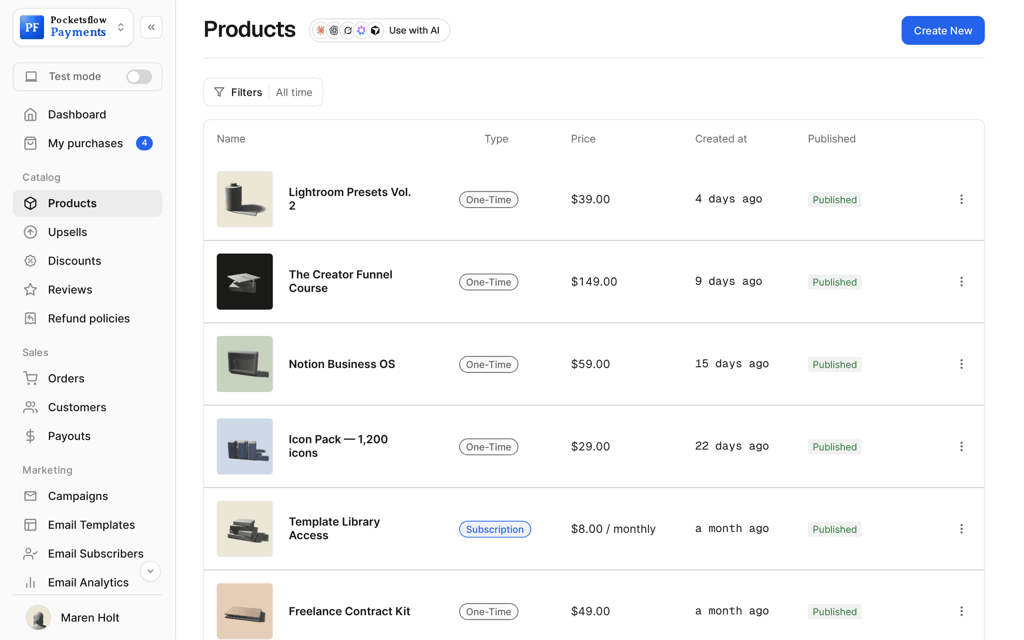 Products list with thumbnails, type, price, created date and published status: Lightroom Presets Vol. 2 $39, The Creator Funnel Course $149, Notion Business OS $59, Icon Pack $29, Template Library Access $8 a month and more