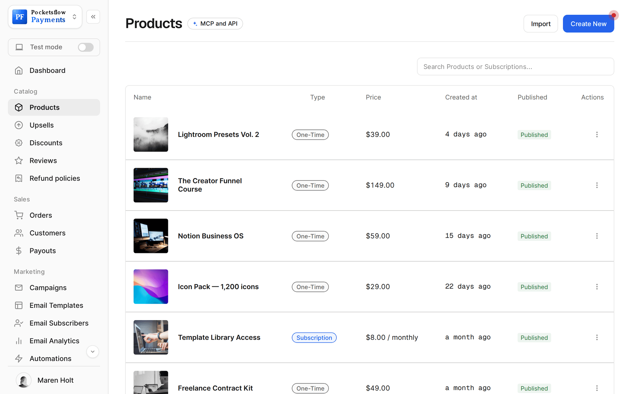 Products list with thumbnails, type, price, created date and published status: Lightroom Presets Vol. 2 $39, The Creator Funnel Course $149, Notion Business OS $59, Icon Pack $29, Template Library Access $8 a month and more