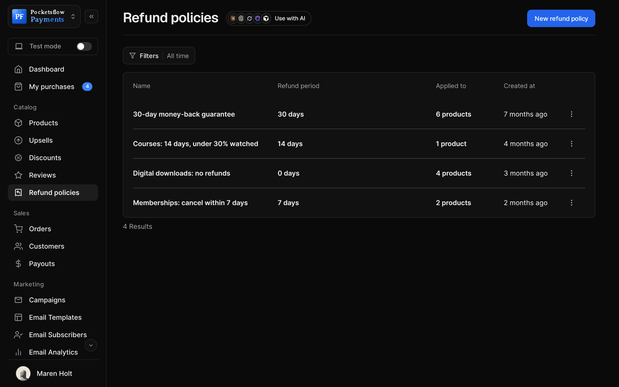 Refund policies list: 30-day money-back guarantee, Courses 14 days under 30% watched, Digital downloads no refunds, and Memberships cancel within 7 days, with the period and number of products each applies to
