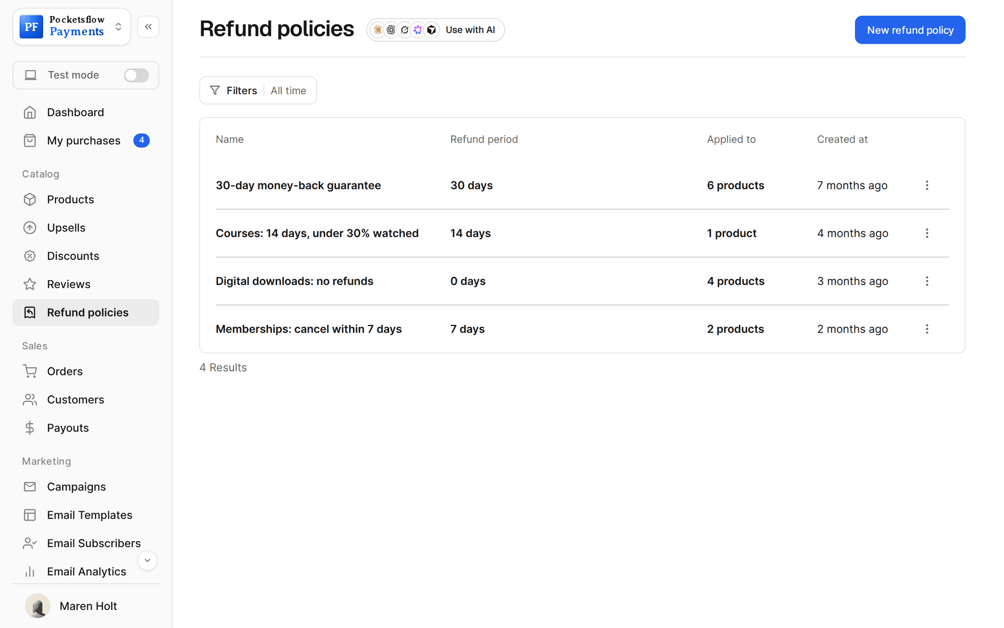 Refund policies list: 30-day money-back guarantee, Courses 14 days under 30% watched, Digital downloads no refunds, and Memberships cancel within 7 days, with the period and number of products each applies to