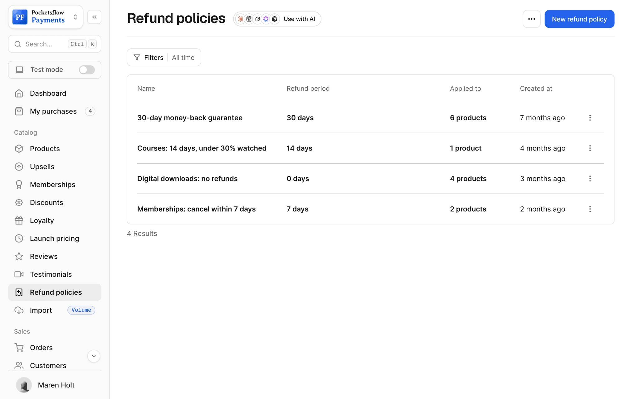 Refund policies list: 30-day money-back guarantee, Courses 14 days under 30% watched, Digital downloads no refunds, and Memberships cancel within 7 days, with the period and number of products each applies to