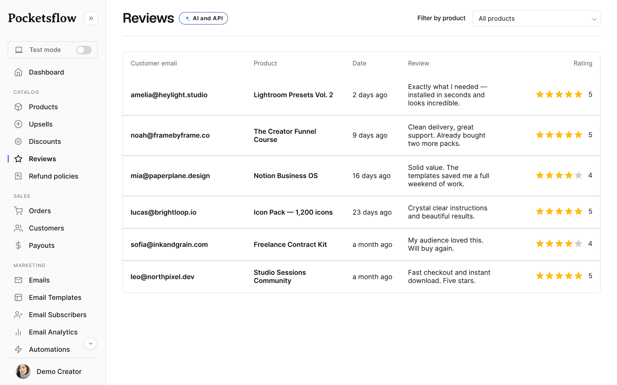 Pocketsflow text reviews list with star ratings from buyers