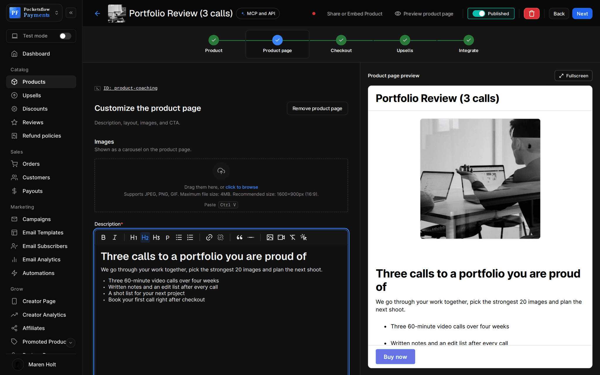 Product page step for Portfolio Review (3 calls): a rich-text description (Three calls to a portfolio you are proud of, with what is included) beside the live product page preview