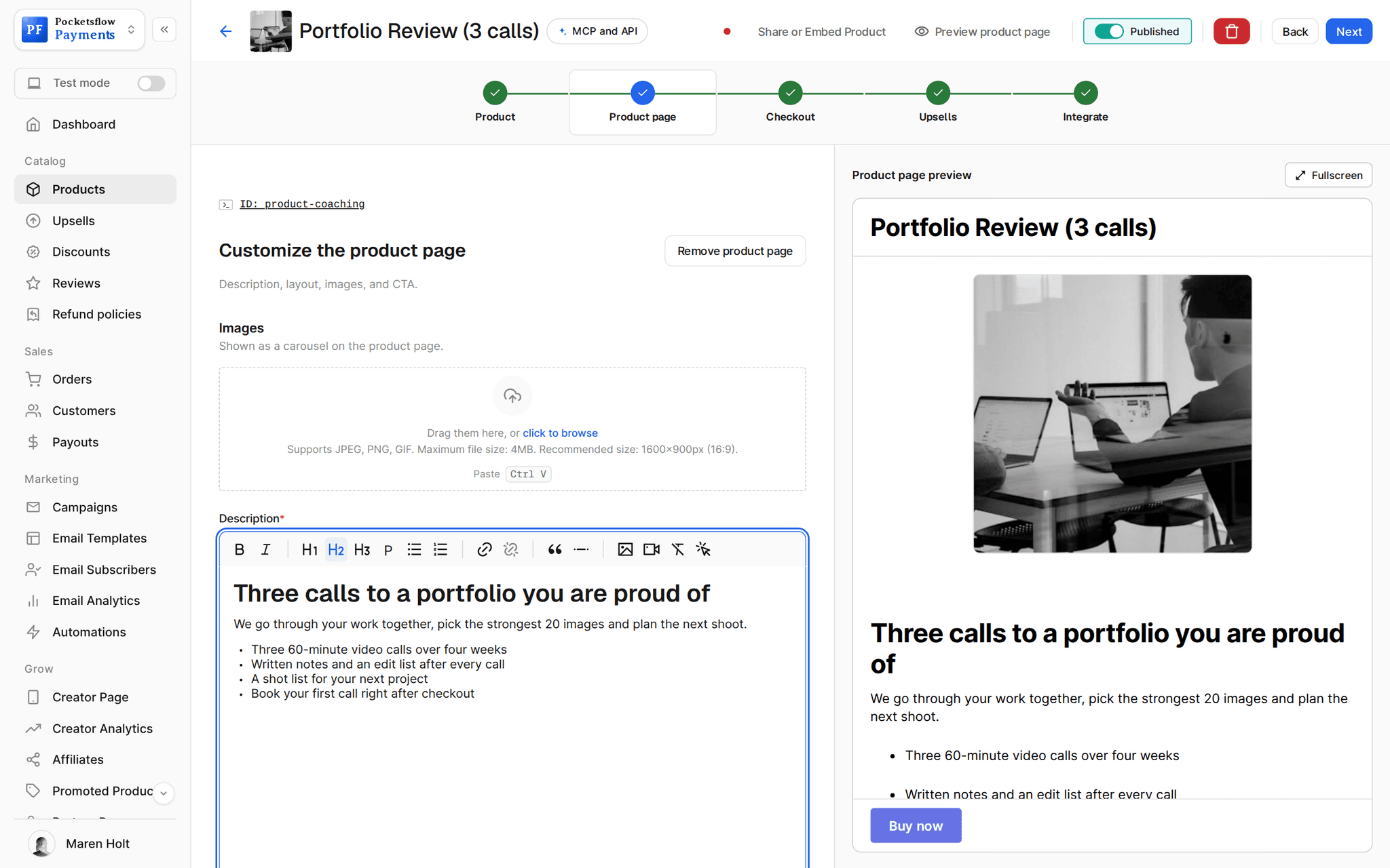Product page step for Portfolio Review (3 calls): a rich-text description (Three calls to a portfolio you are proud of, with what is included) beside the live product page preview