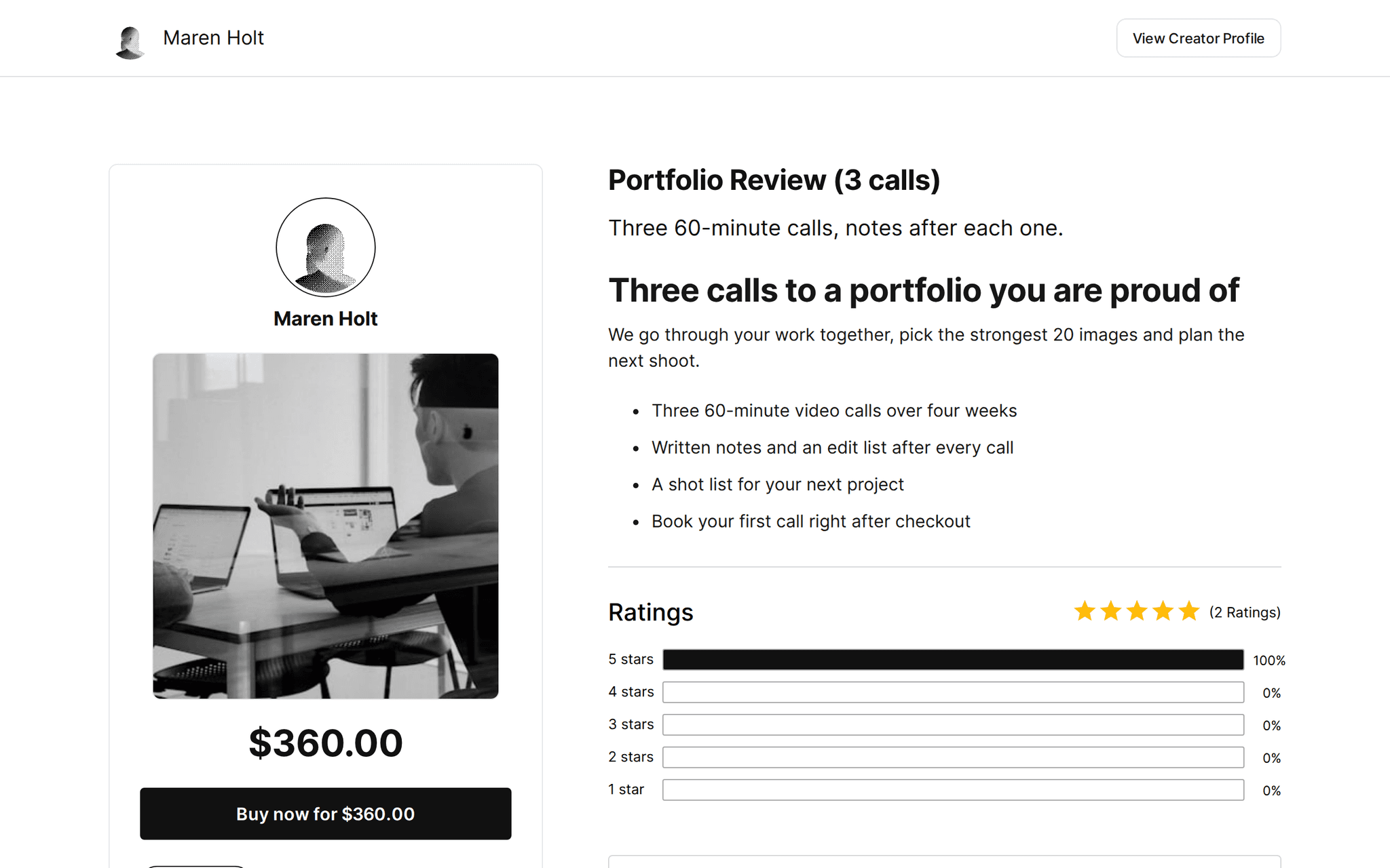 Public product page for Portfolio Review (3 calls) by Maren Holt: $360.00 with a Buy now button, 64 sales, what is included (three 60-minute calls, written notes, a shot list, book the first call after checkout) and five-star ratings