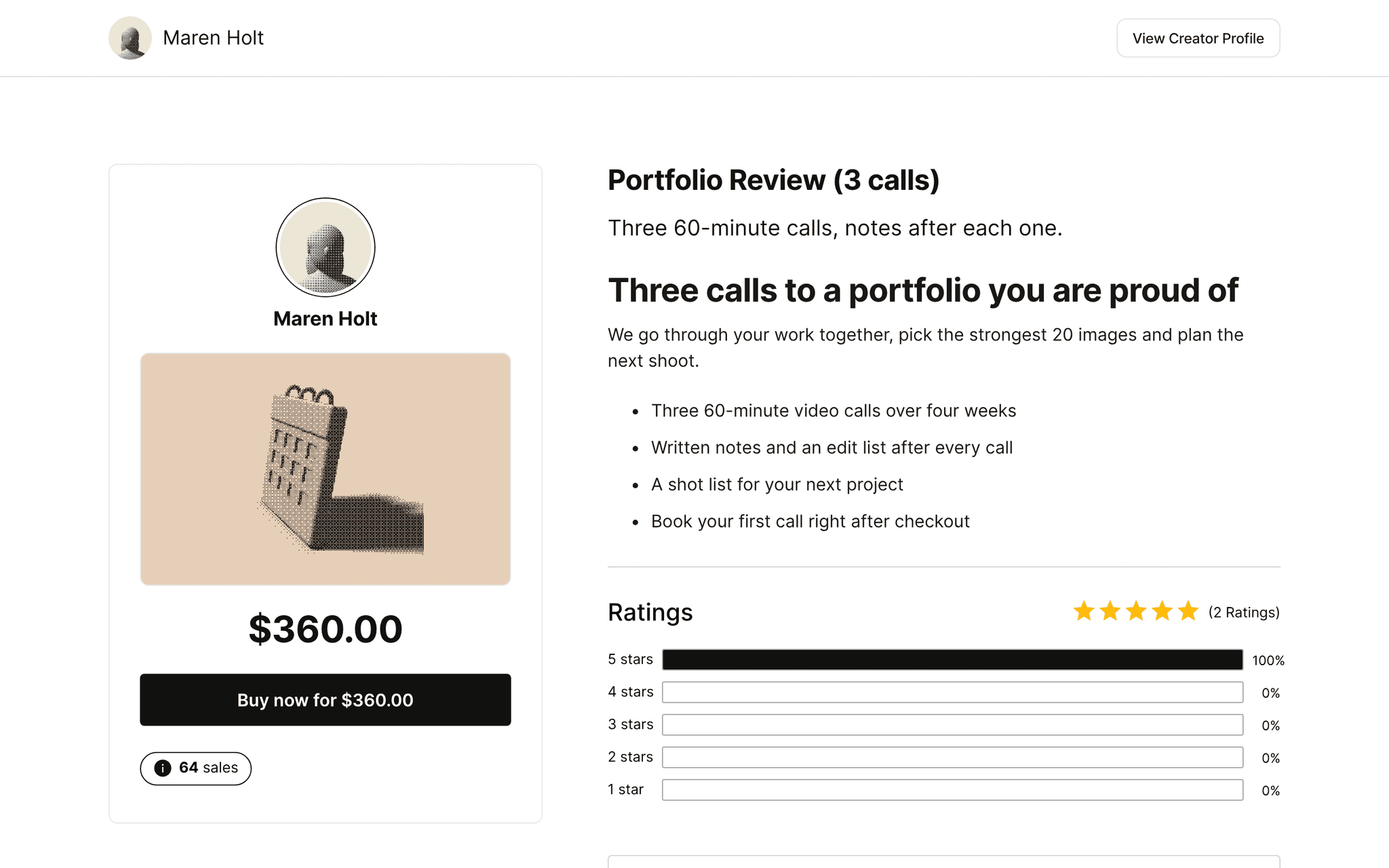 Public product page for Portfolio Review (3 calls) by Maren Holt: $360.00 with a Buy now button, 64 sales, what is included (three 60-minute calls, written notes, a shot list, book the first call after checkout) and five-star ratings