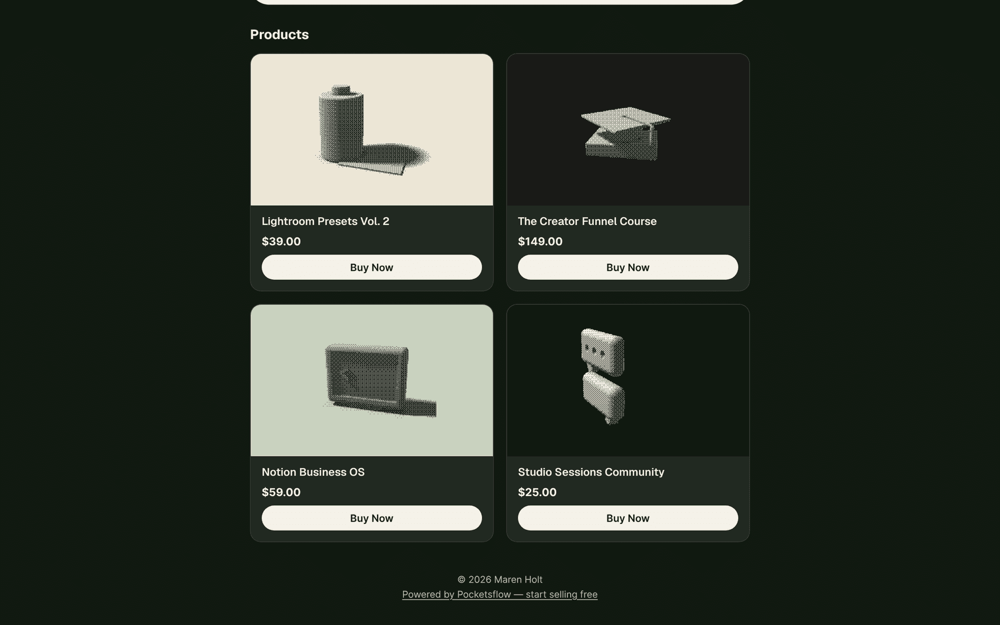 Lower part of Maren Holt's creator page with the product grid: Lightroom Presets Vol. 2, The Creator Funnel Course, Notion Business OS and Studio Sessions Community with prices and Buy Now buttons