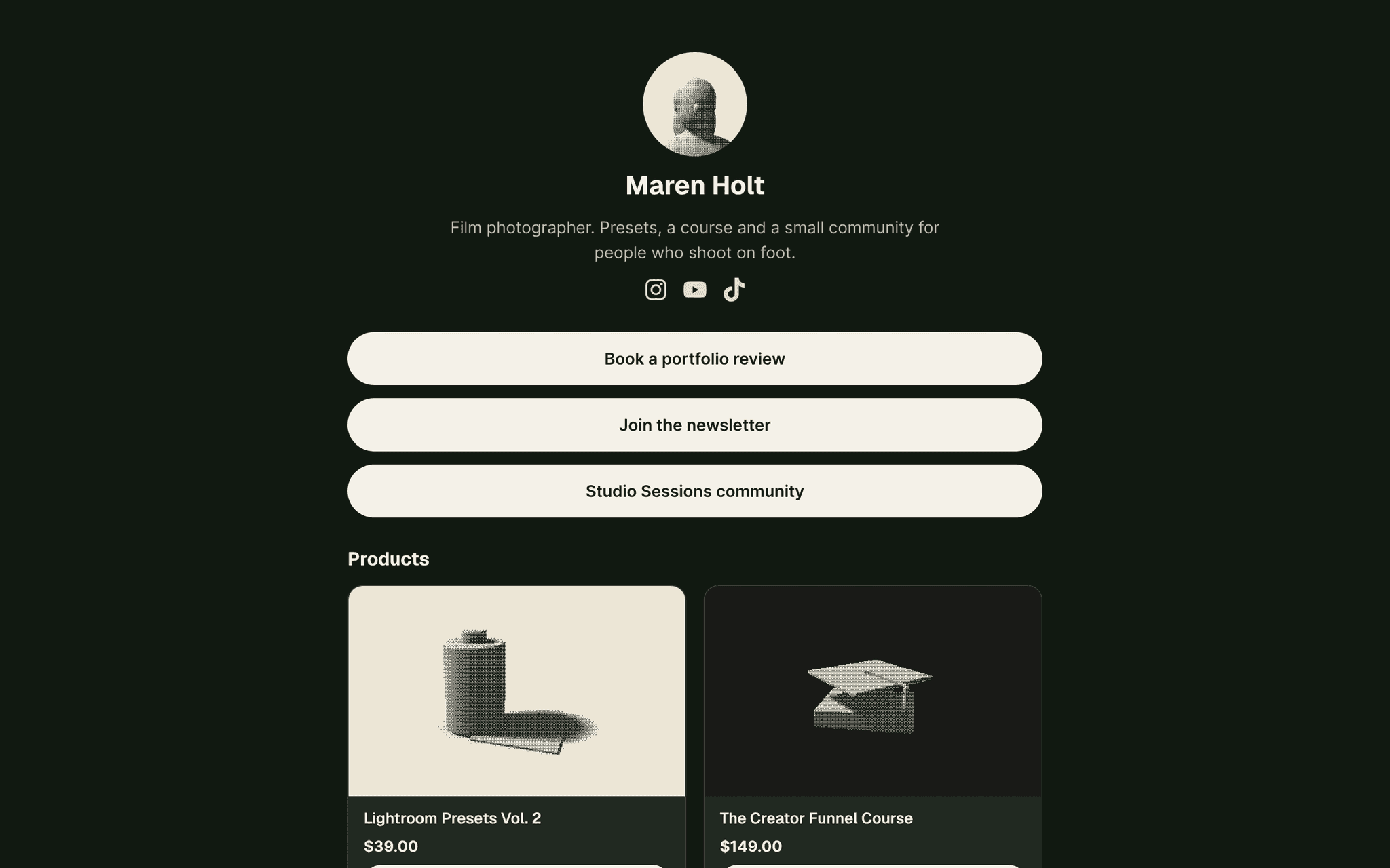 Maren Holt's creator page as buyers see it: dark film template with avatar, bio, social icons, link buttons (Book a portfolio review, Join the newsletter, Studio Sessions community) and product cards