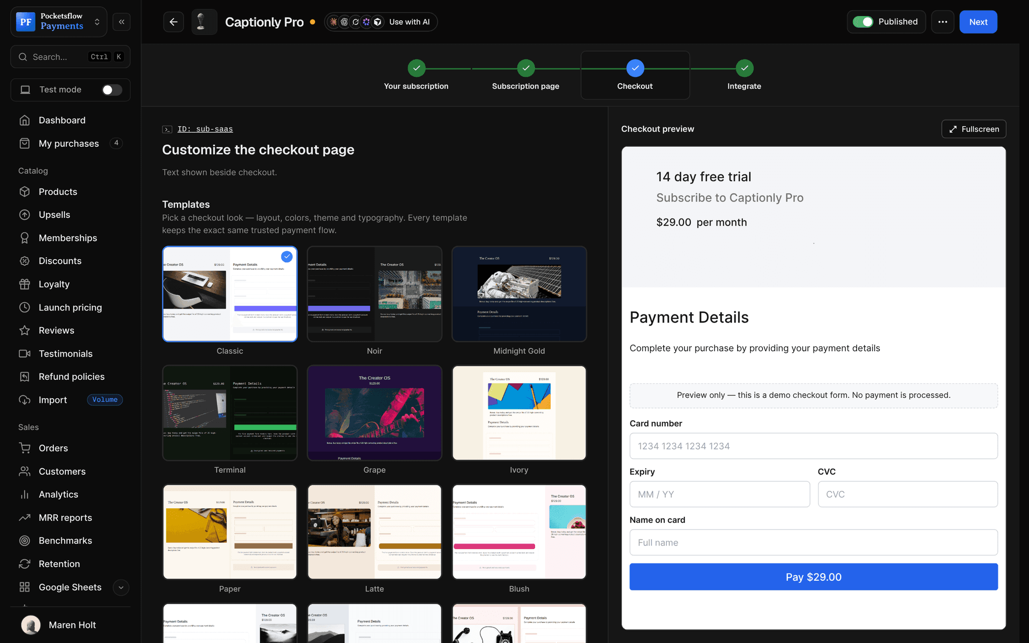 Checkout step of the Captionly Pro subscription editor with checkout templates and a preview of the 14 day free trial checkout at $29 a month with card number, expiry and CVC fields