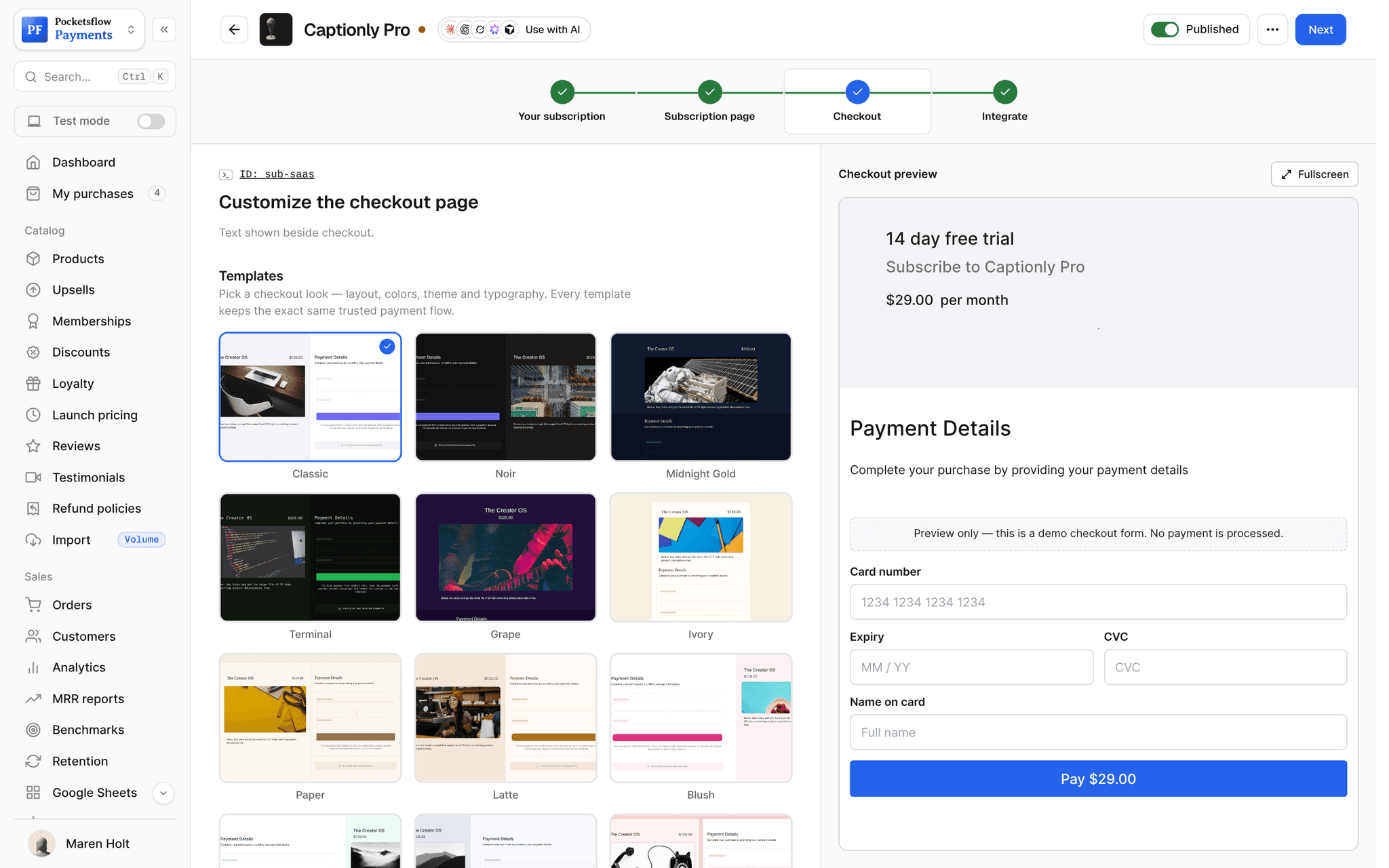 Checkout step of the Captionly Pro subscription editor with checkout templates and a preview of the 14 day free trial checkout at $29 a month with card number, expiry and CVC fields