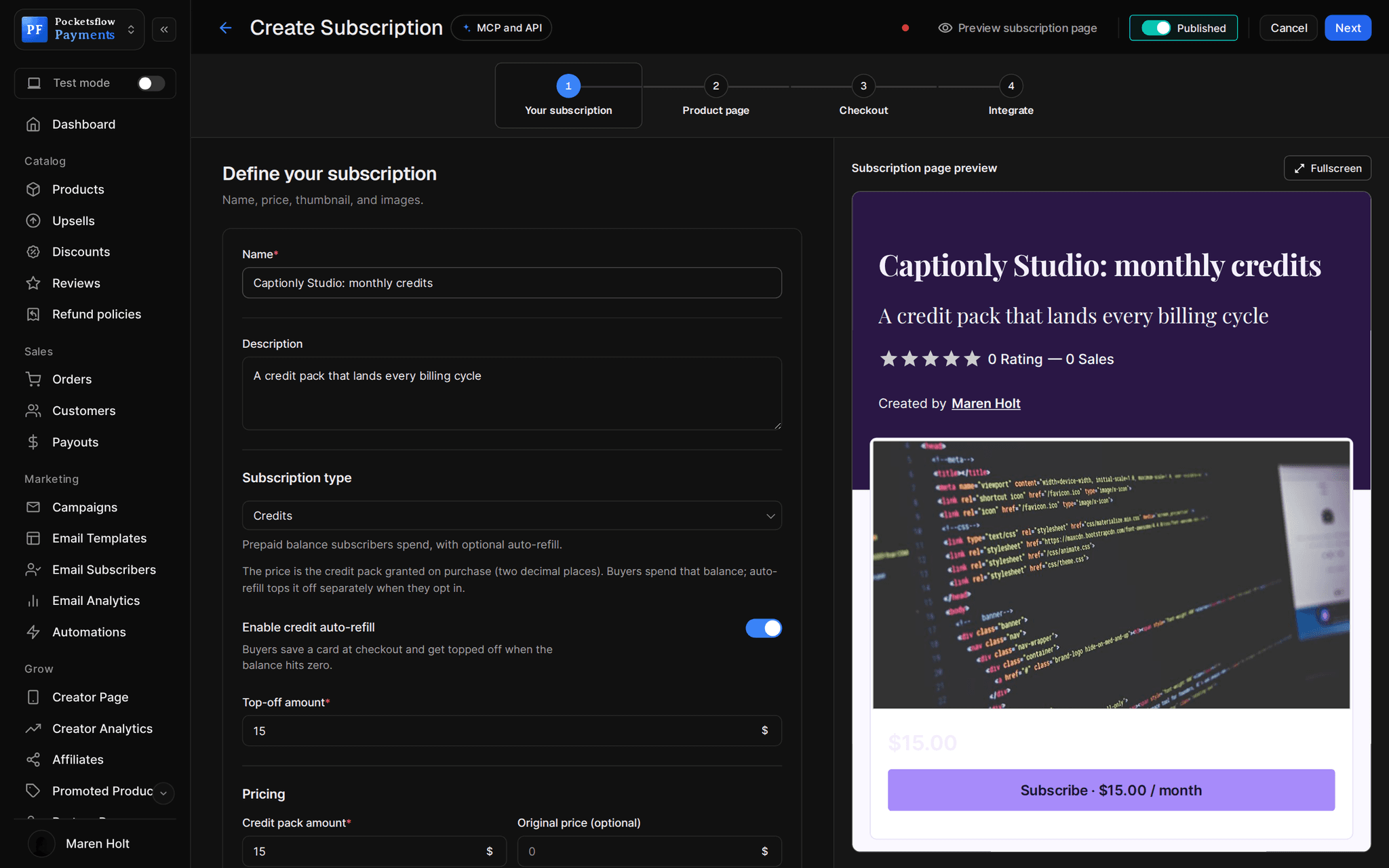 Create subscription wizard for Captionly Studio monthly credits with subscription type Credits, auto-refill enabled and a $15 credit pack each billing cycle, beside a subscription page preview