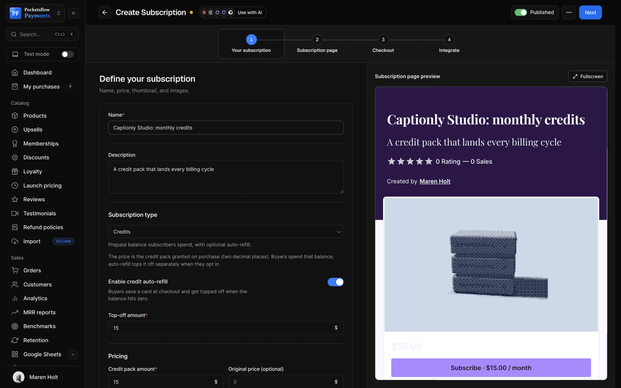 Create subscription wizard for Captionly Studio monthly credits with subscription type Credits, auto-refill enabled and a $15 credit pack each billing cycle, beside a subscription page preview