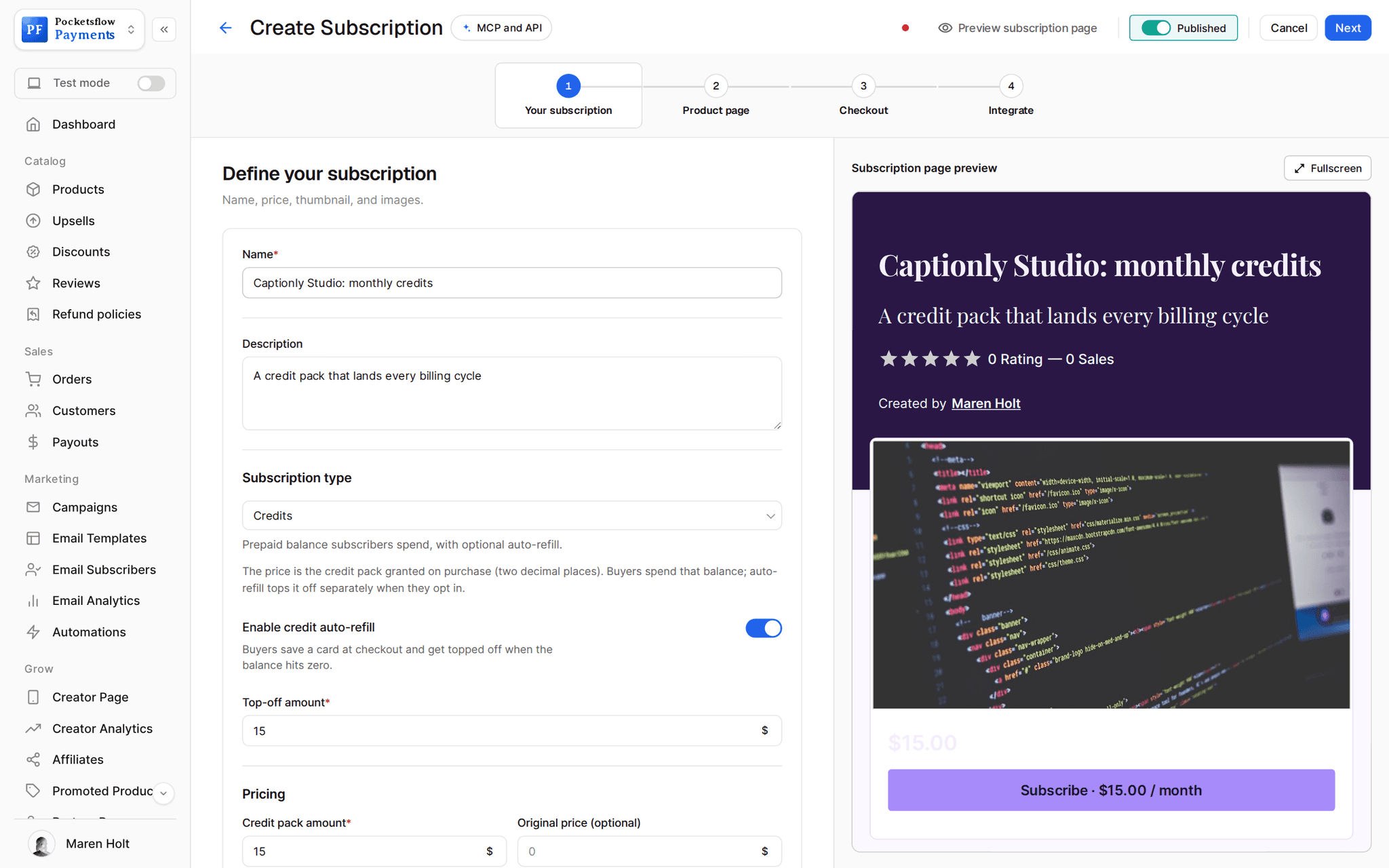 Create subscription wizard for Captionly Studio monthly credits with subscription type Credits, auto-refill enabled and a $15 credit pack each billing cycle, beside a subscription page preview
