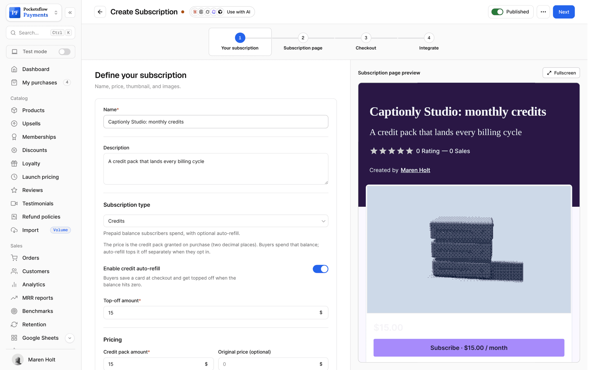 Create subscription wizard for Captionly Studio monthly credits with subscription type Credits, auto-refill enabled and a $15 credit pack each billing cycle, beside a subscription page preview