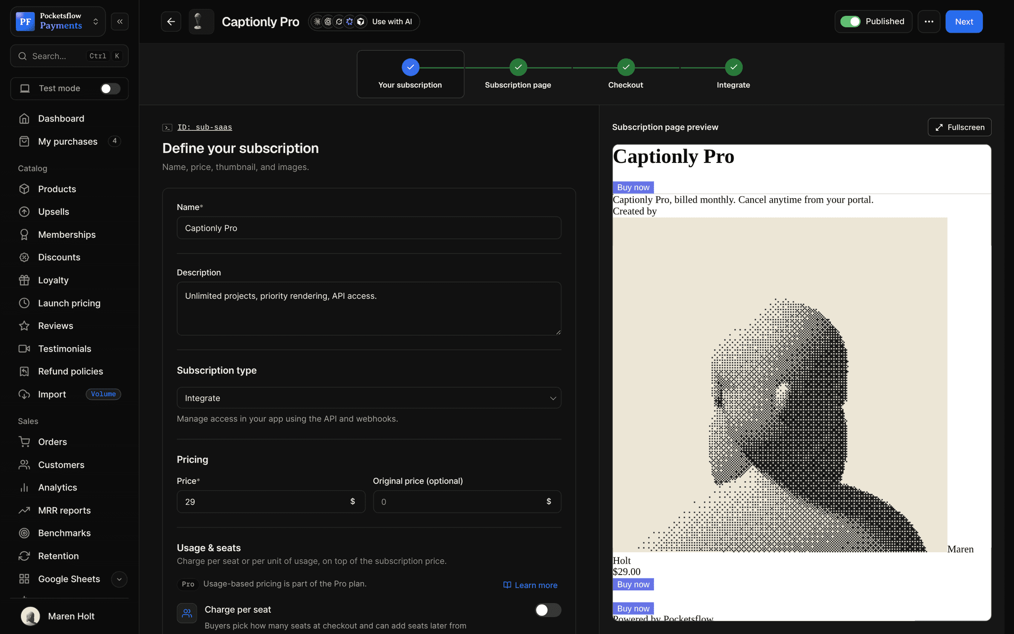Subscription editor for Captionly Pro, a $29 plan with subscription type Integrate (manage access in your app using the API and webhooks), beside its subscription page preview