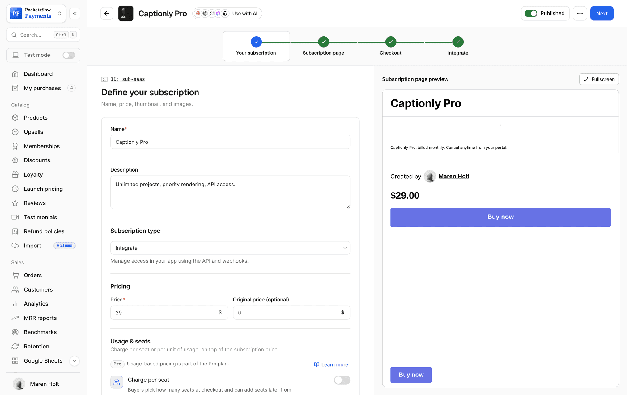 Subscription editor for Captionly Pro, a $29 plan with subscription type Integrate (manage access in your app using the API and webhooks), beside its subscription page preview