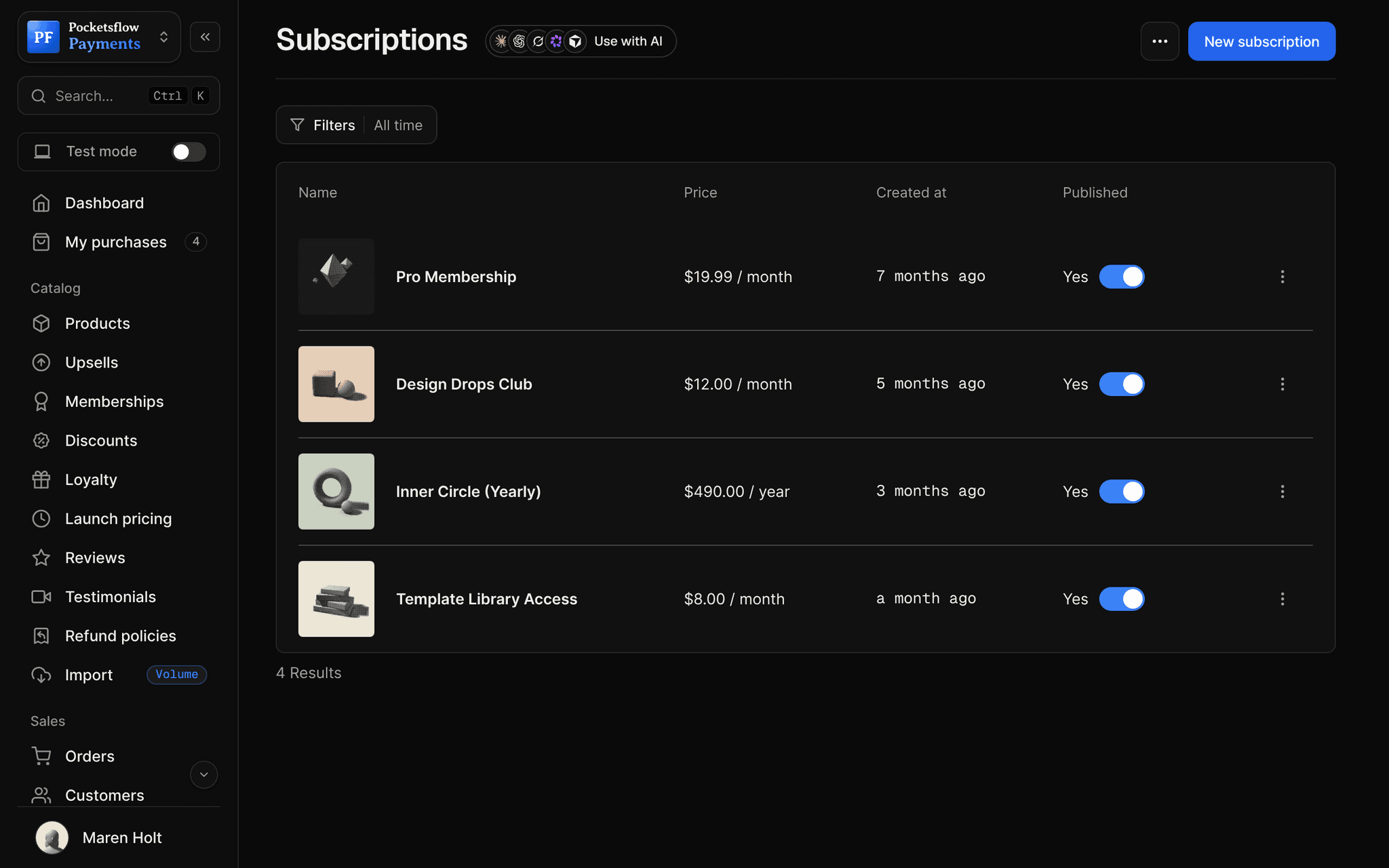 Subscriptions list: Pro Membership $19.99 a month, Design Drops Club $12 a month, Inner Circle (Yearly) $490 a year and Template Library Access $8 a month, each published
