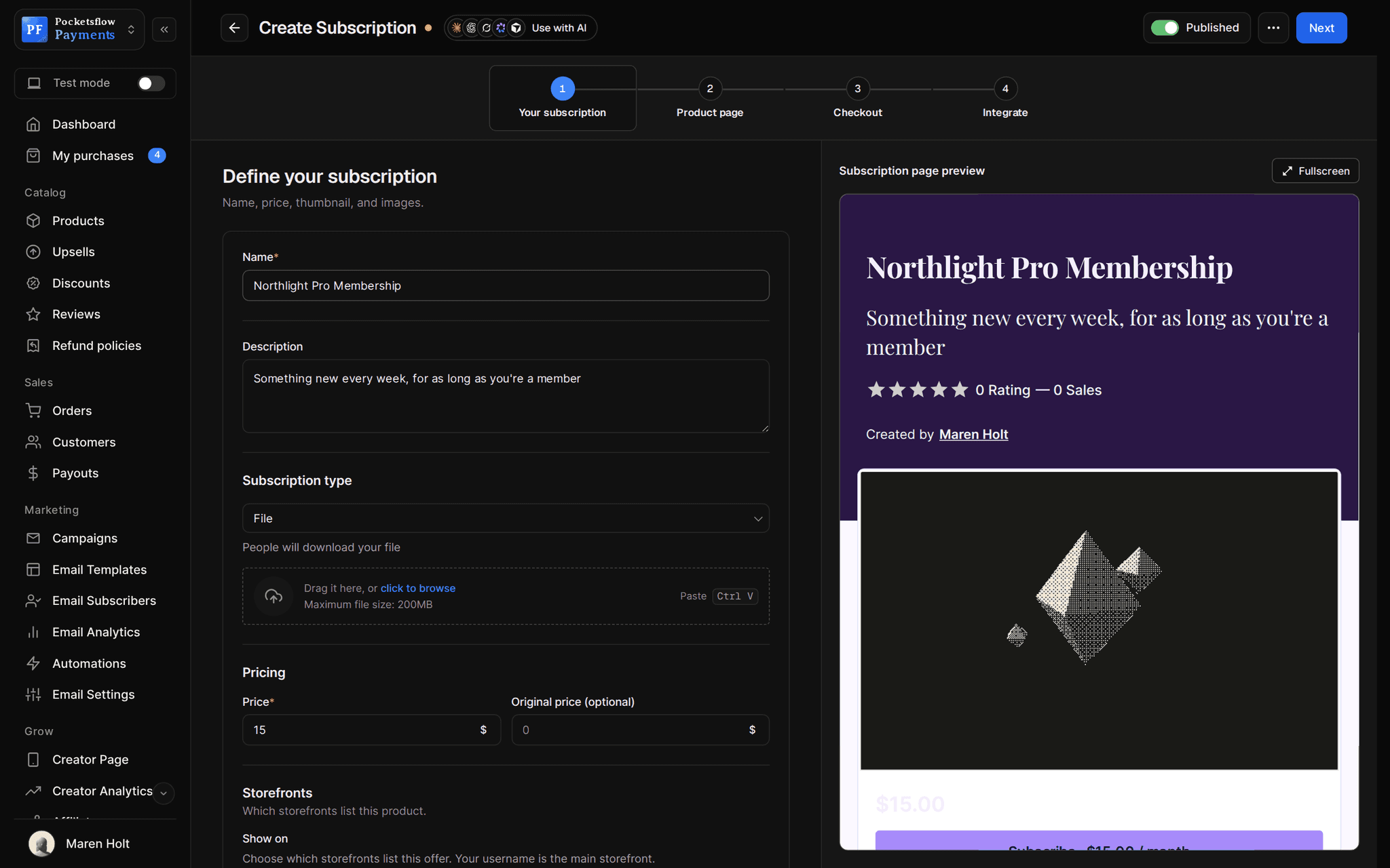 Create subscription wizard with the name Northlight Pro Membership, a description, File type and $15 monthly price, beside a purple subscription page preview with a Subscribe button