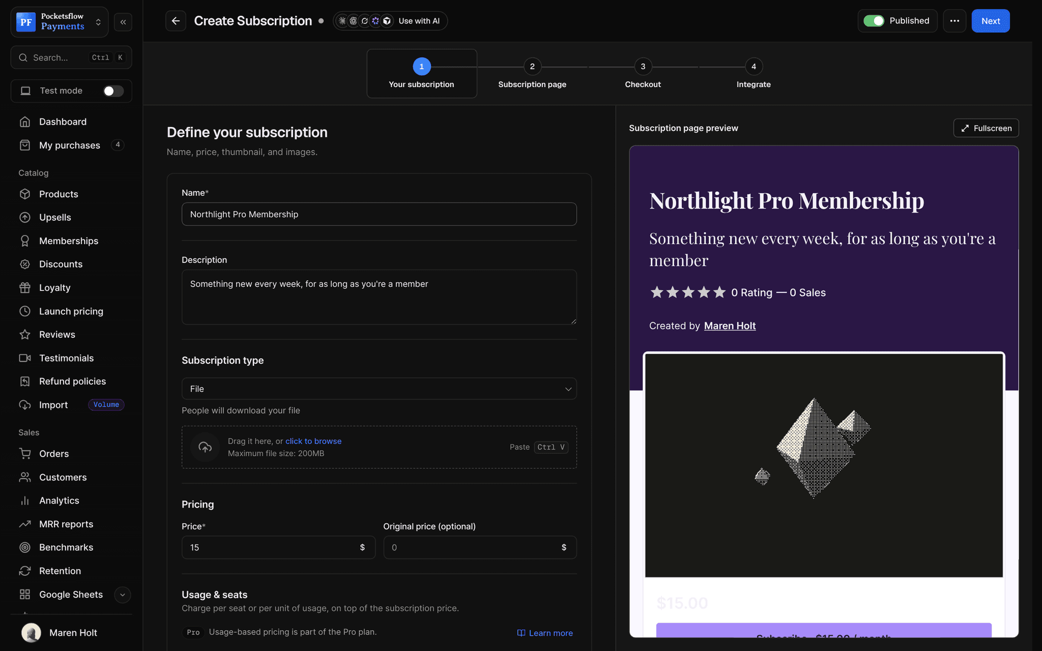 Create subscription wizard with the name Northlight Pro Membership, a description, File type and $15 monthly price, beside a purple subscription page preview with a Subscribe button