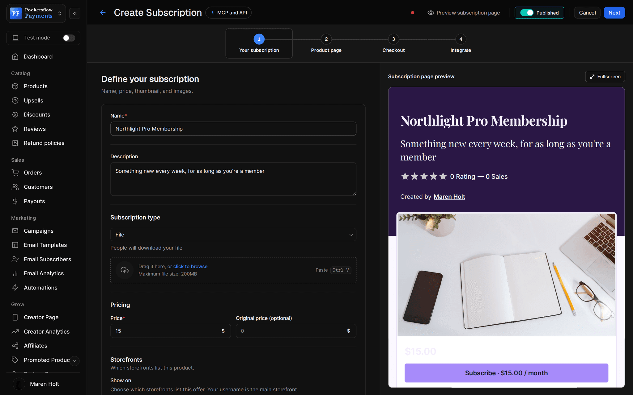 Create subscription wizard with the name Northlight Pro Membership, a description, File type and $15 monthly price, beside a purple subscription page preview with a Subscribe button