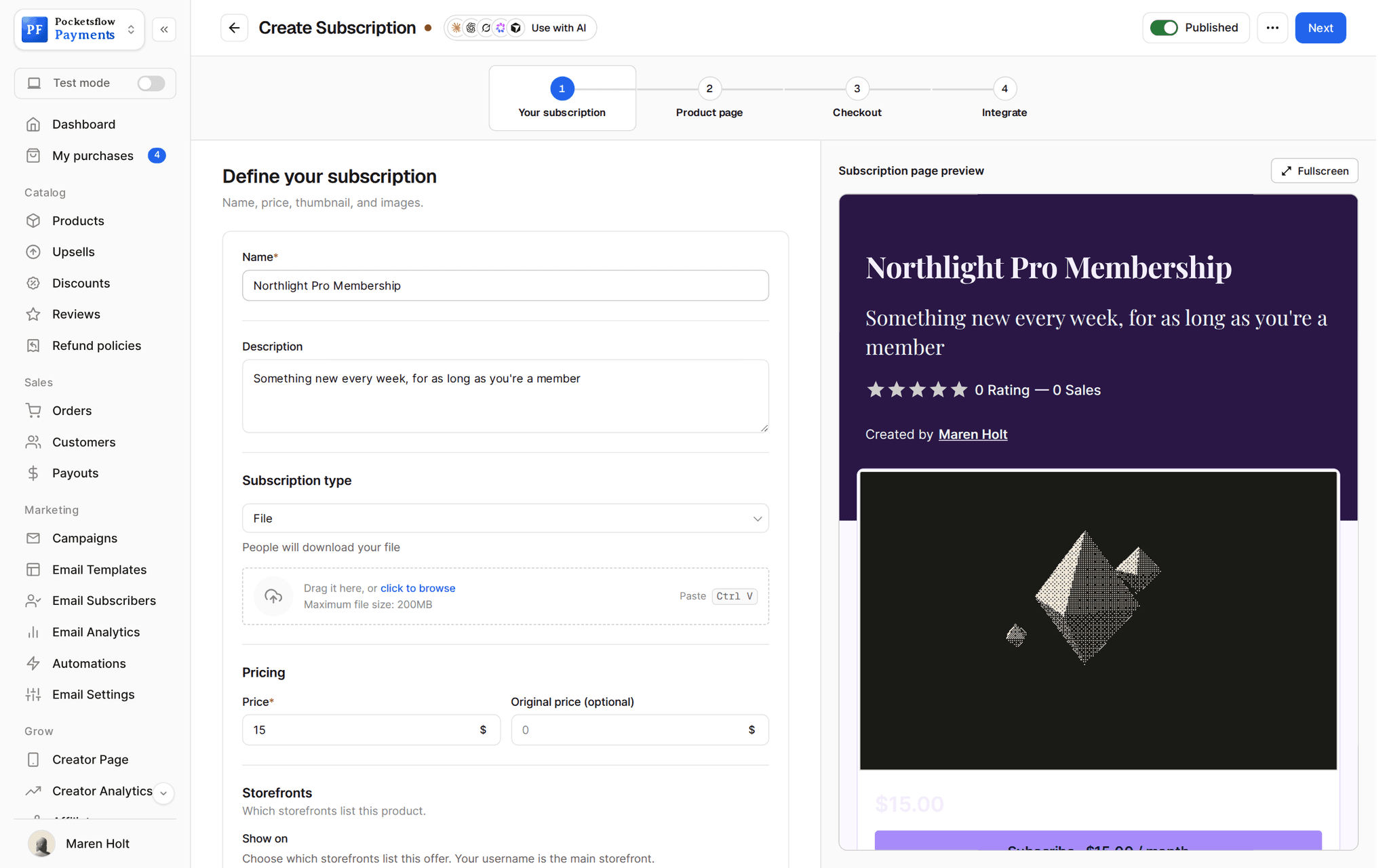 Create subscription wizard with the name Northlight Pro Membership, a description, File type and $15 monthly price, beside a purple subscription page preview with a Subscribe button