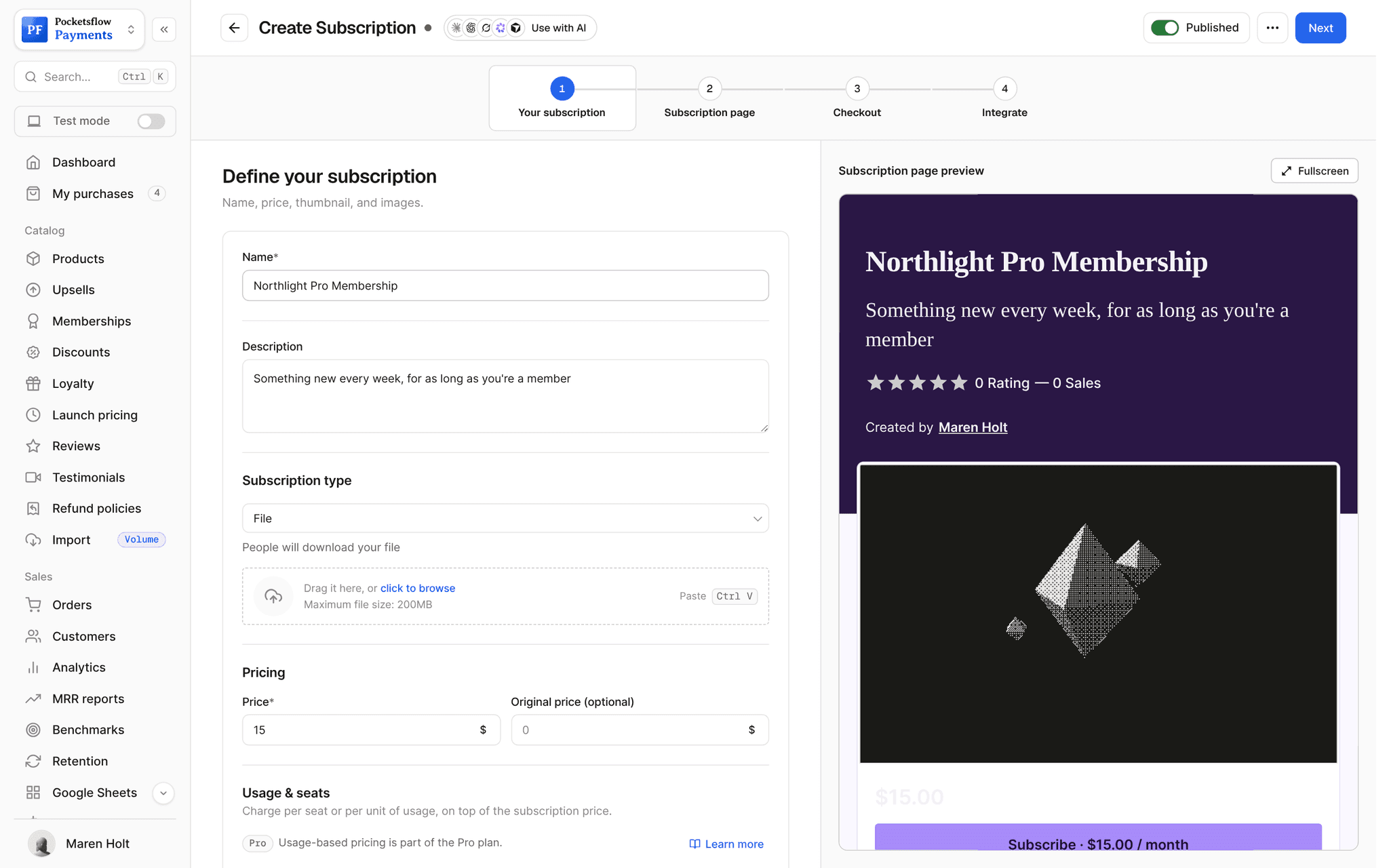 Create subscription wizard with the name Northlight Pro Membership, a description, File type and $15 monthly price, beside a purple subscription page preview with a Subscribe button