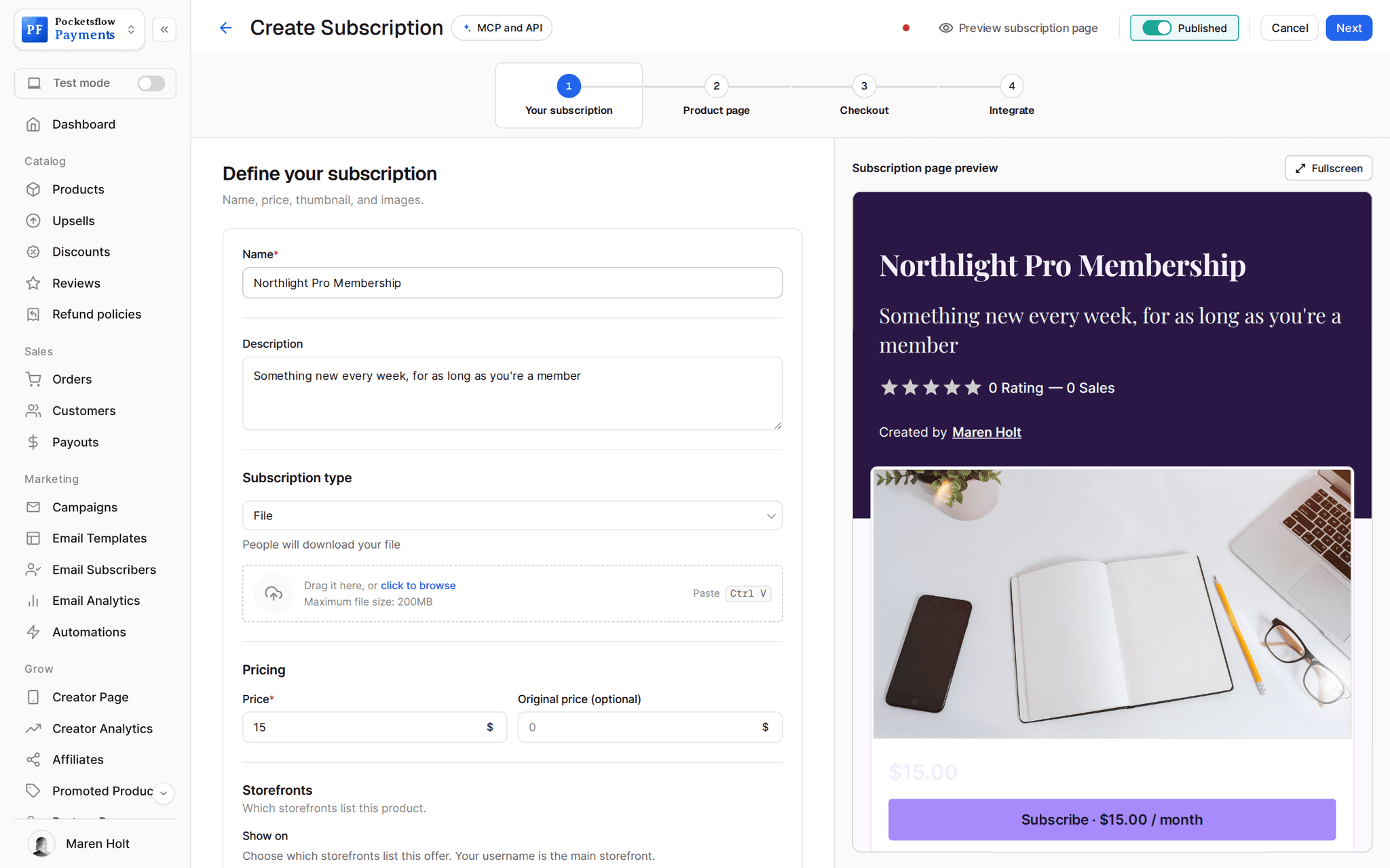 Create subscription wizard with the name Northlight Pro Membership, a description, File type and $15 monthly price, beside a purple subscription page preview with a Subscribe button