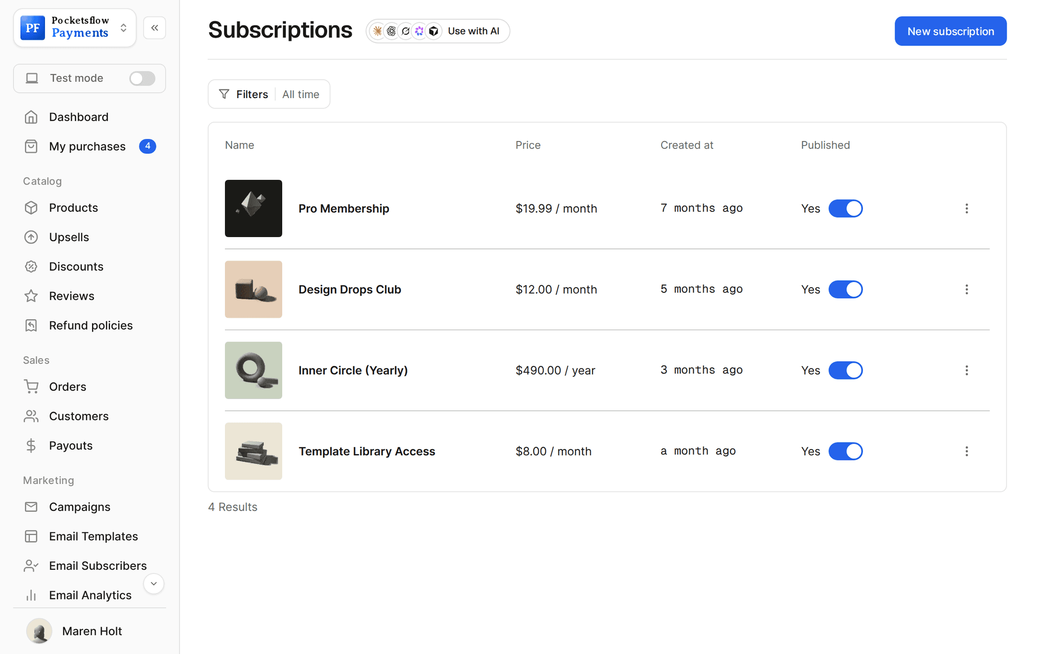 Subscriptions list: Pro Membership $19.99 a month, Design Drops Club $12 a month, Inner Circle (Yearly) $490 a year and Template Library Access $8 a month, each published