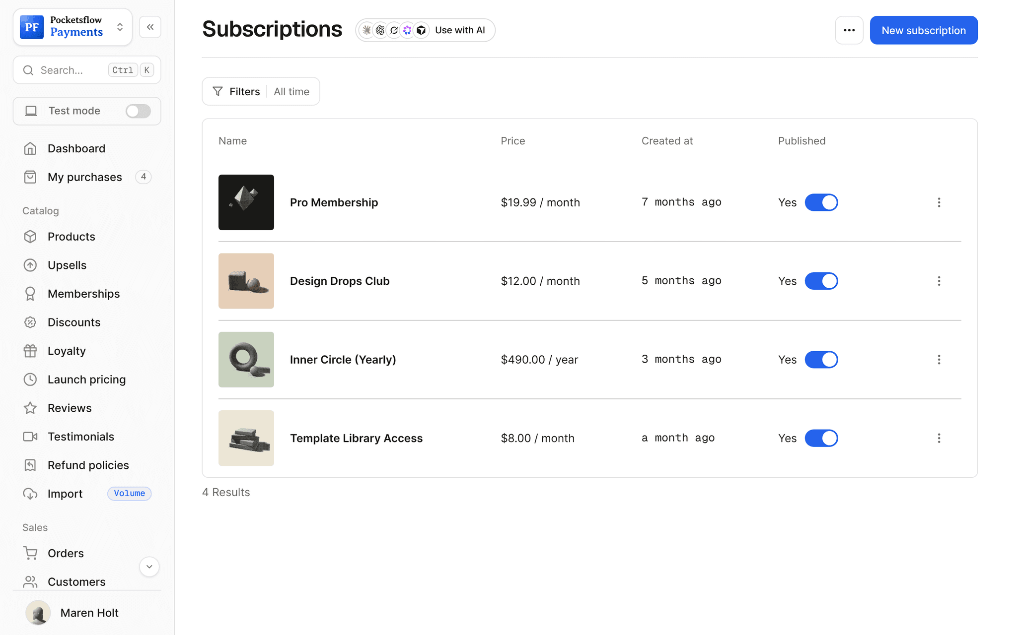 Subscriptions list: Pro Membership $19.99 a month, Design Drops Club $12 a month, Inner Circle (Yearly) $490 a year and Template Library Access $8 a month, each published