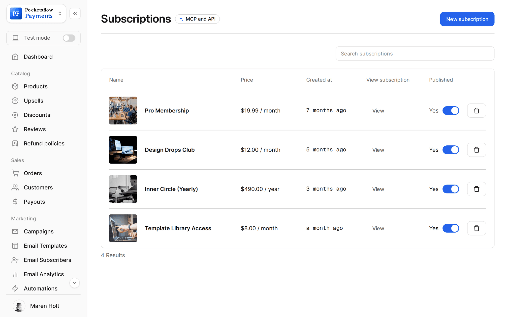 Subscriptions list: Pro Membership $19.99 a month, Design Drops Club $12 a month, Inner Circle (Yearly) $490 a year and Template Library Access $8 a month, each published