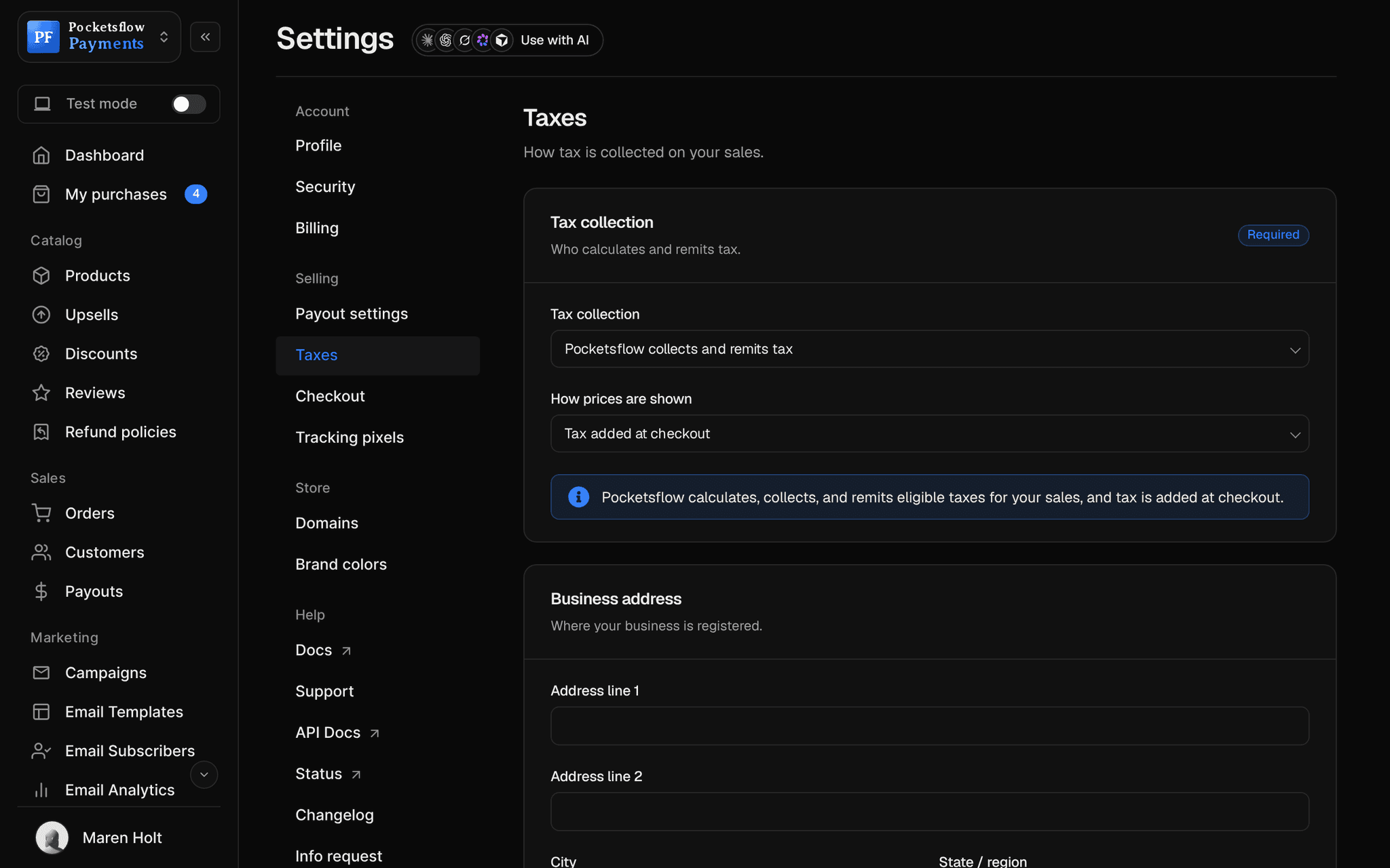 Settings, Taxes: tax collection set to Pocketsflow collects and remits tax, prices shown with tax added at checkout, and the business address