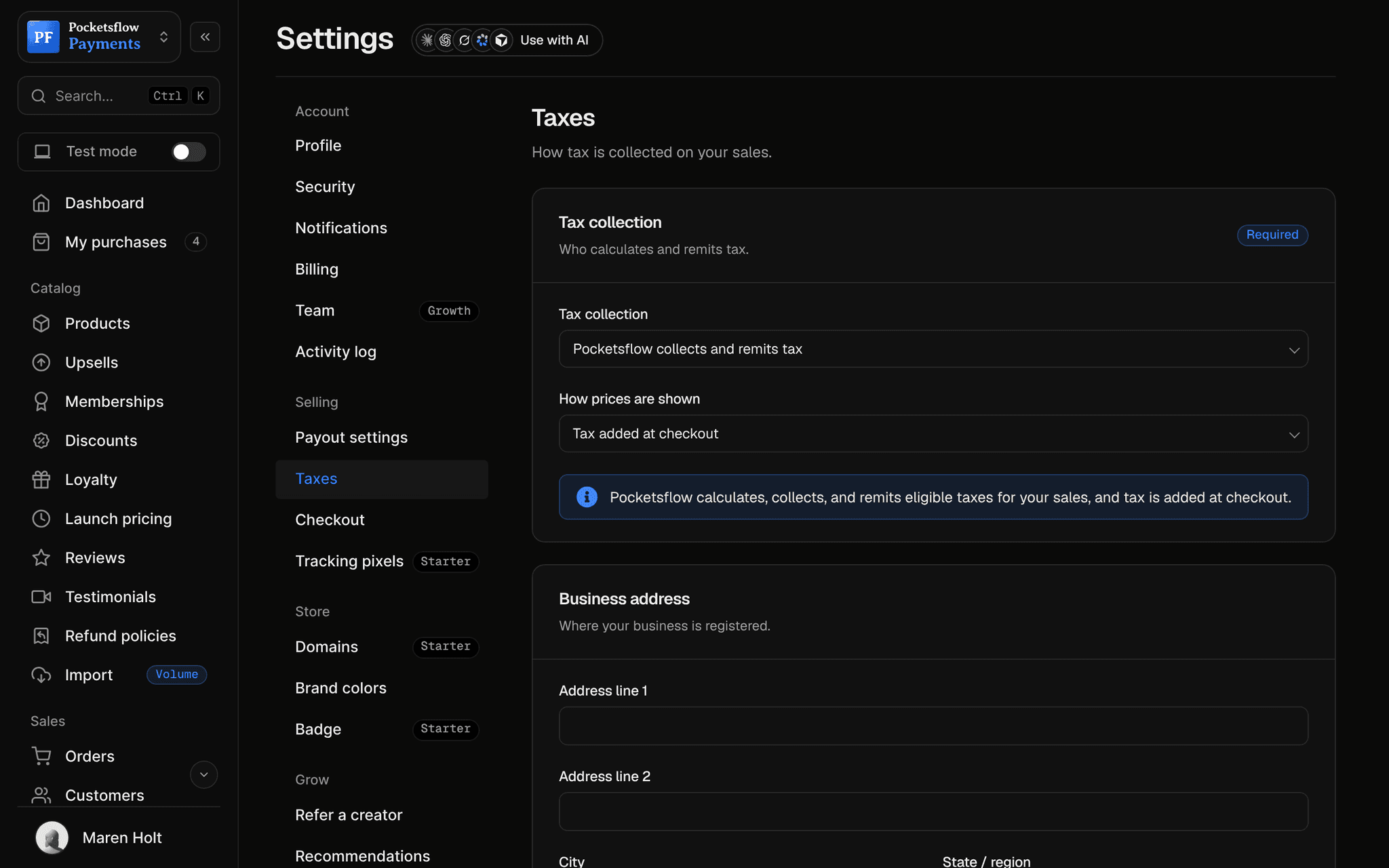Settings, Taxes: tax collection set to Pocketsflow collects and remits tax, prices shown with tax added at checkout, and the business address